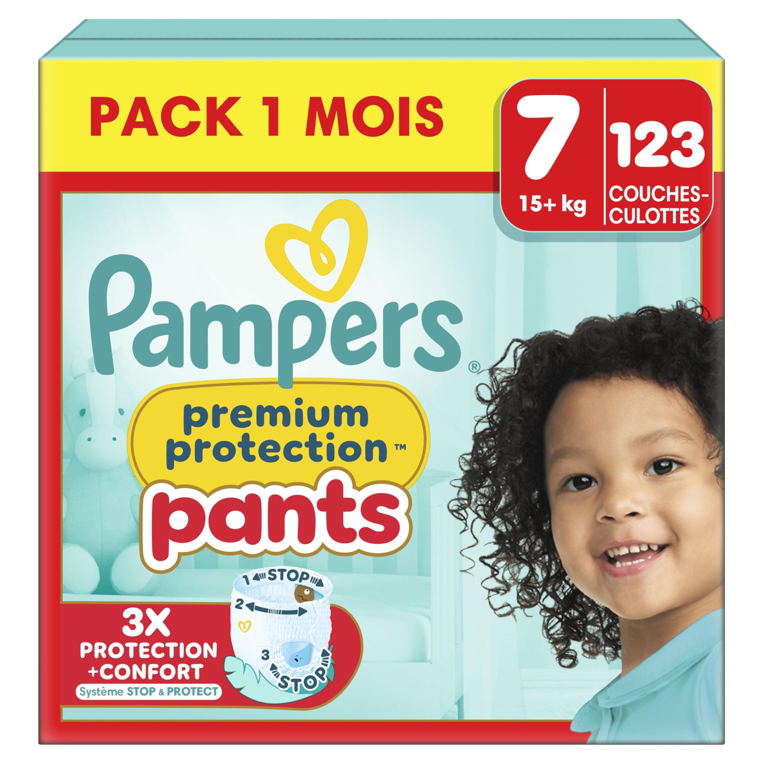 Pampers Premium Protection Pants Taille 7,123Couches-Culottes,17kg,Avec un Maintien360°et des Barrières Anti-fuites Douces qui sont 2fois plus larges qu’avant pour Notre Meilleur Confort et Protection