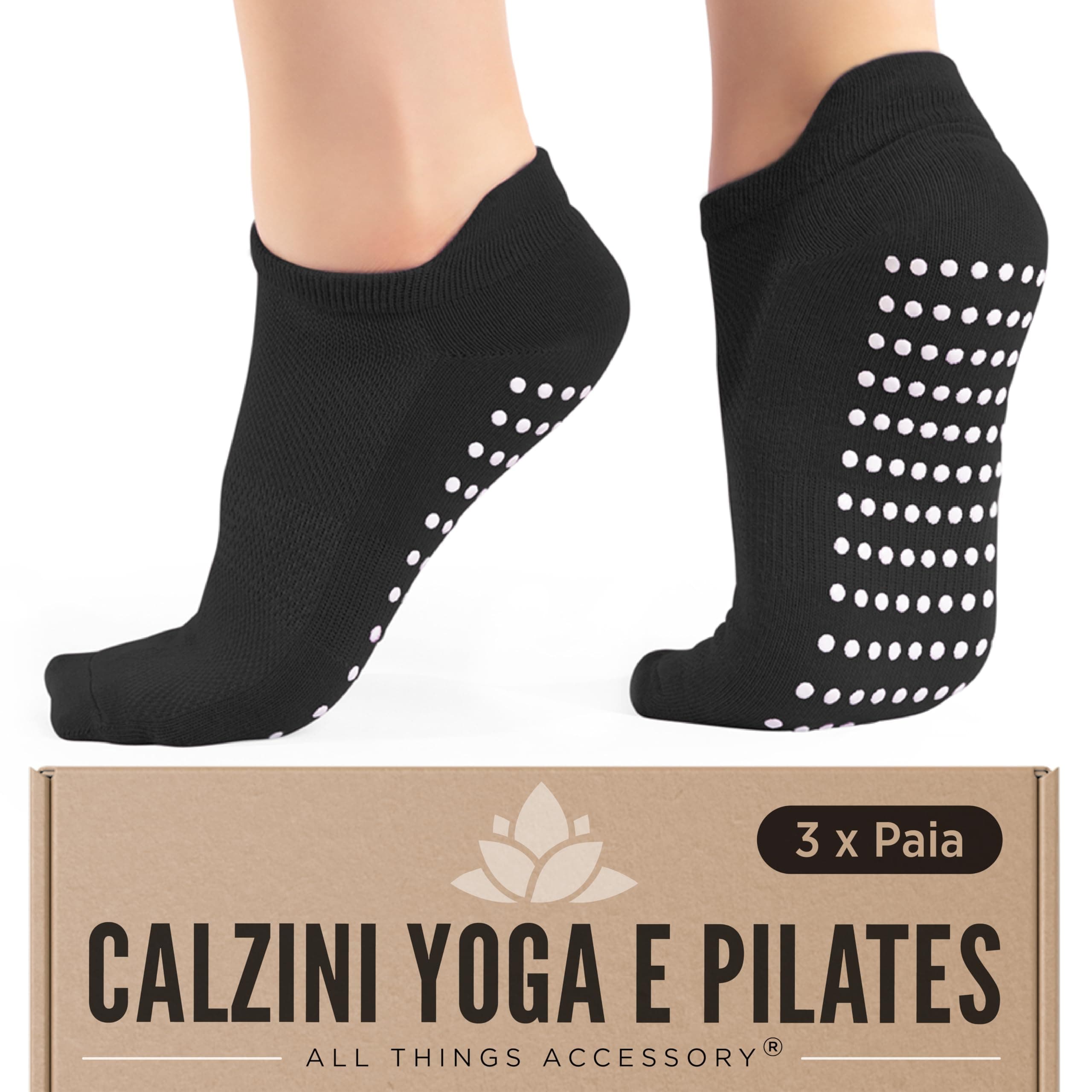 All Things Accessory 3 x Paia di Calze Anti-Scivolo Yoga Pilates Arti Marziali Fitness Danza Barre, Antiscivolo, Calze con Grip Senza Dita Prevenzione Caduta, Sox EU 37-42