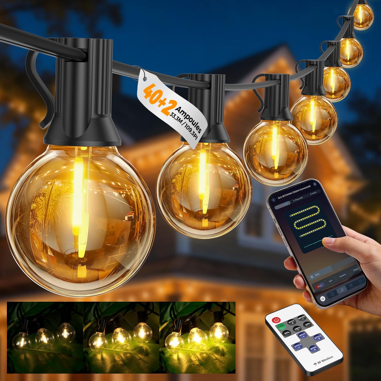 Guirlande Lumineuse Exterieure 33,3M - G40 LED avec App & Télécommande Guirlande Guinguette Exterieur, câble 6,4M, Dimmable, Minuterie, Musique Sync, 4 modes d'éclairage, étanche IP44 – Pergola Jardin