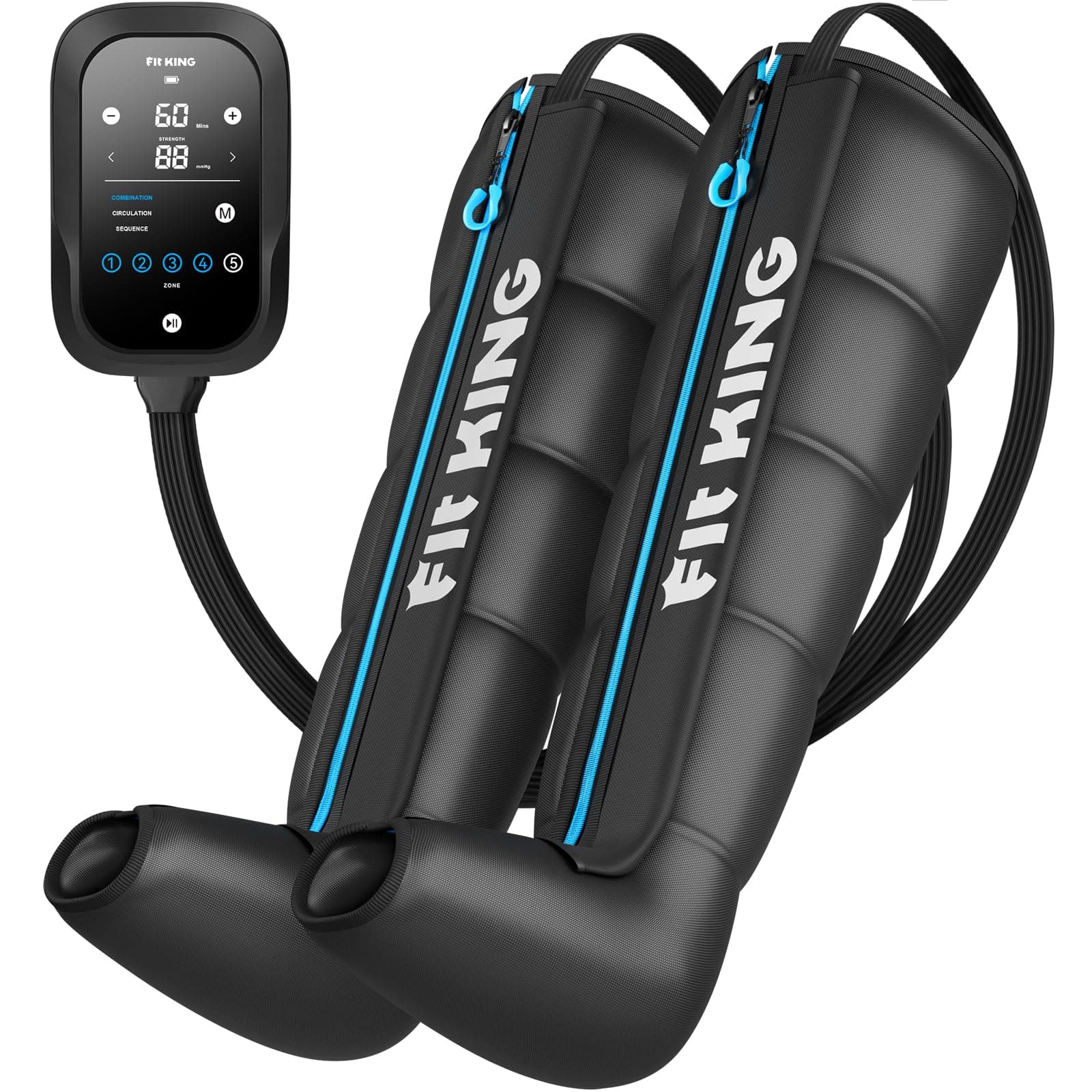 FIT KING Bottes de Pressothérapie pour Jambes Rechargeables Sans Fil - Massage par Compression 5 Zones avec Écran Tactile | Idéal pour Récupération Sportive et Détente (M)