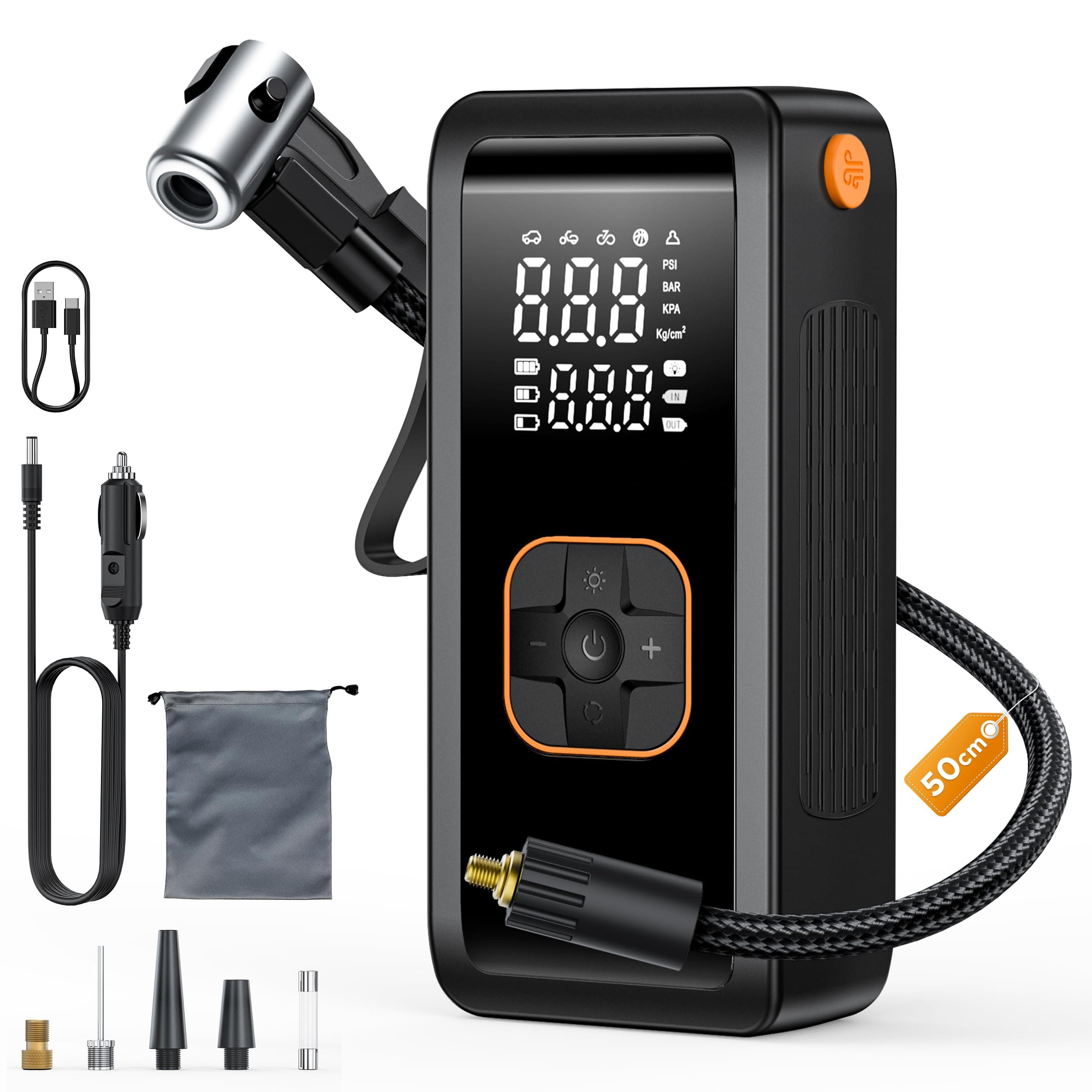 BKXCHA Compresor Aire Portatil, 150PSI Inflador Ruedas Coche, recargable Electrico Compresor Aire Coche por USB-C, con luz LED para inflador bicicletas, E-bicicleta, motocicleta, Balones