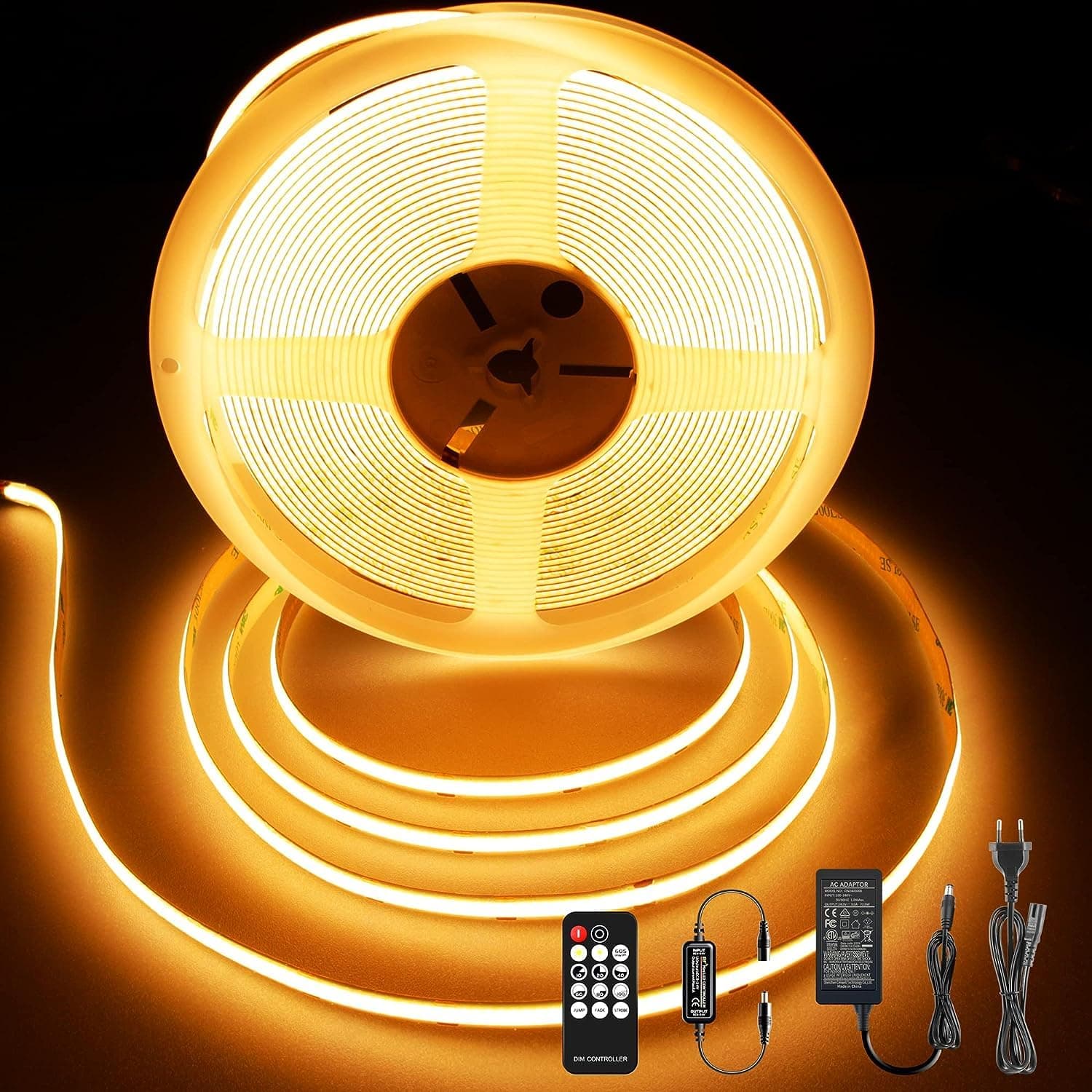 BERIXDEEP Tira LED COB 10M, Tira luz LED Regulable con Mando y Alimentación, DC24V, CRI>90, Ancho 8 mm, Tira LED Blanca Cálida para Decoración de Habitaciones, 3000K
