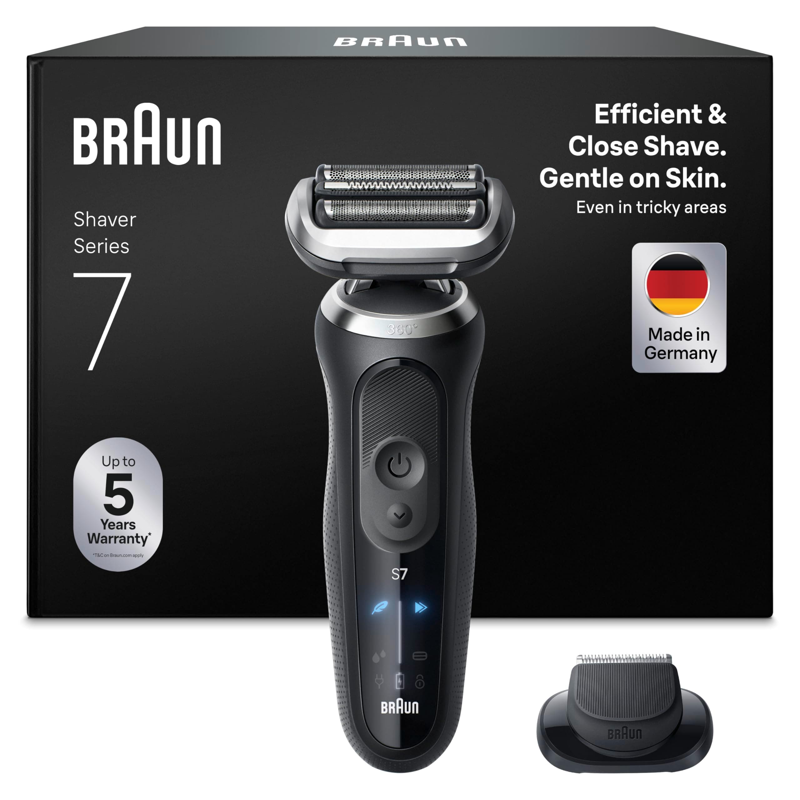 Braun Serie 7 Rasoio Elettrico Barba, Wet&Dry, Regolabarba Uomo, Rasoio Barba, 60 Min Di Utilizzo, Accessorio Rifinitore di Precisione, Senza Fili,100% Impermeabile, Regolabarba Braun, 72-N1200SI,Nero