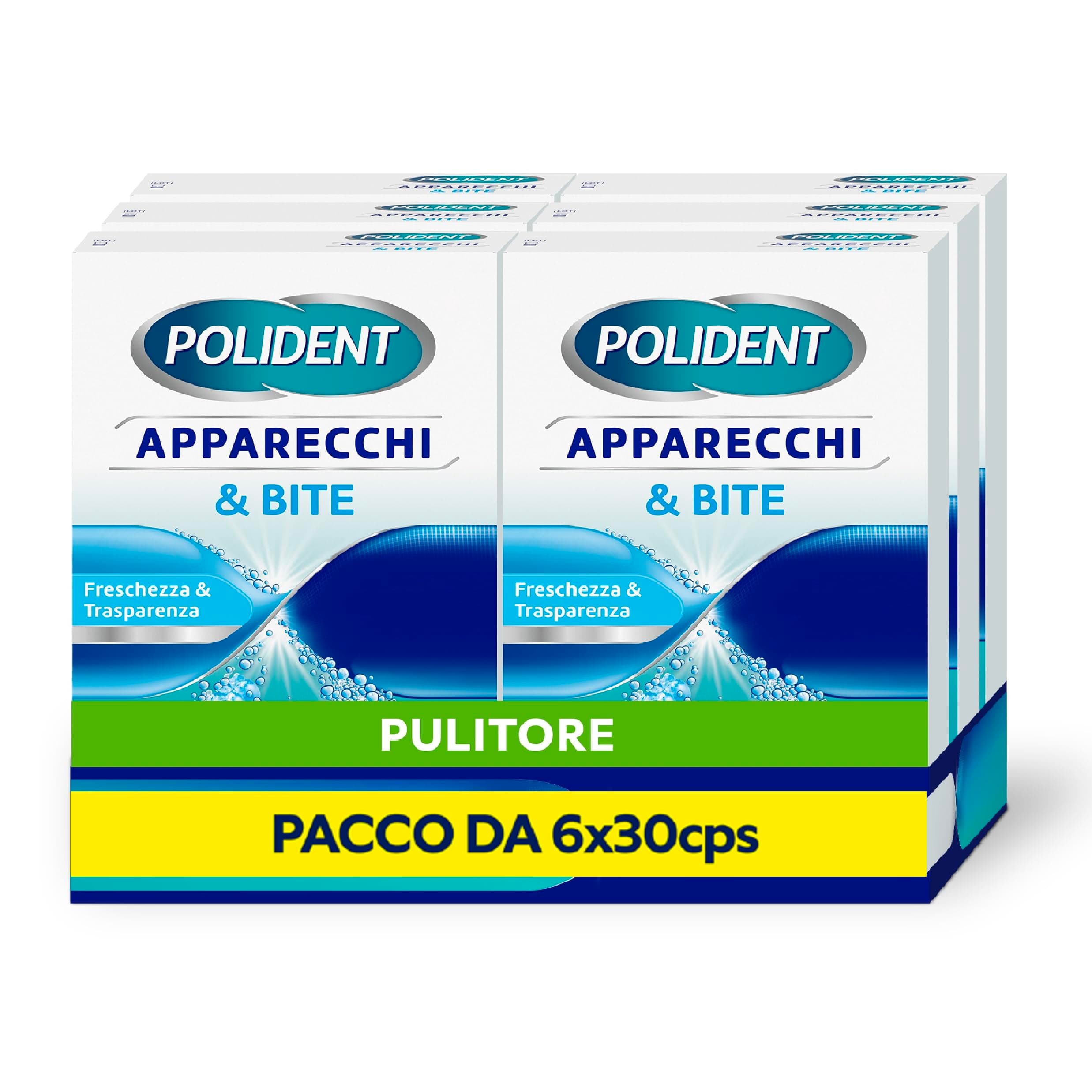Polident Apparecchi & Bite, Pulitore per Protesi Dentale, Allineatori, Paradenti Sportivi, Bite Anti Bruxismo, Pacco da 6x30 compresse