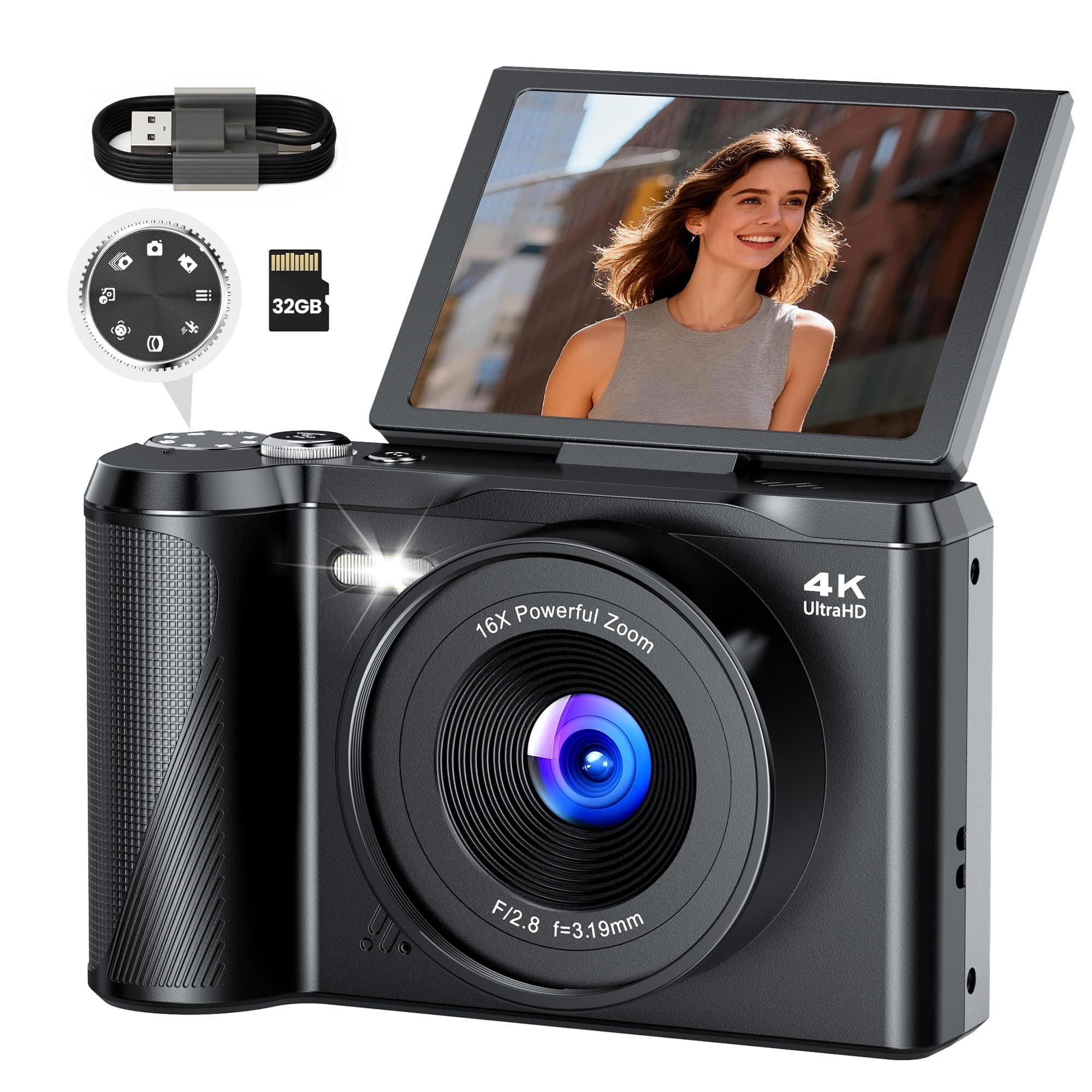 Appareil Photo Numérique 4K Digital: 56MP Appareils Numérique avec molette de Mode Écran Rabattable 180° - Camera pour Vlog avec Carte 32GB - pour Adolescents Débutants Adultes Enfant