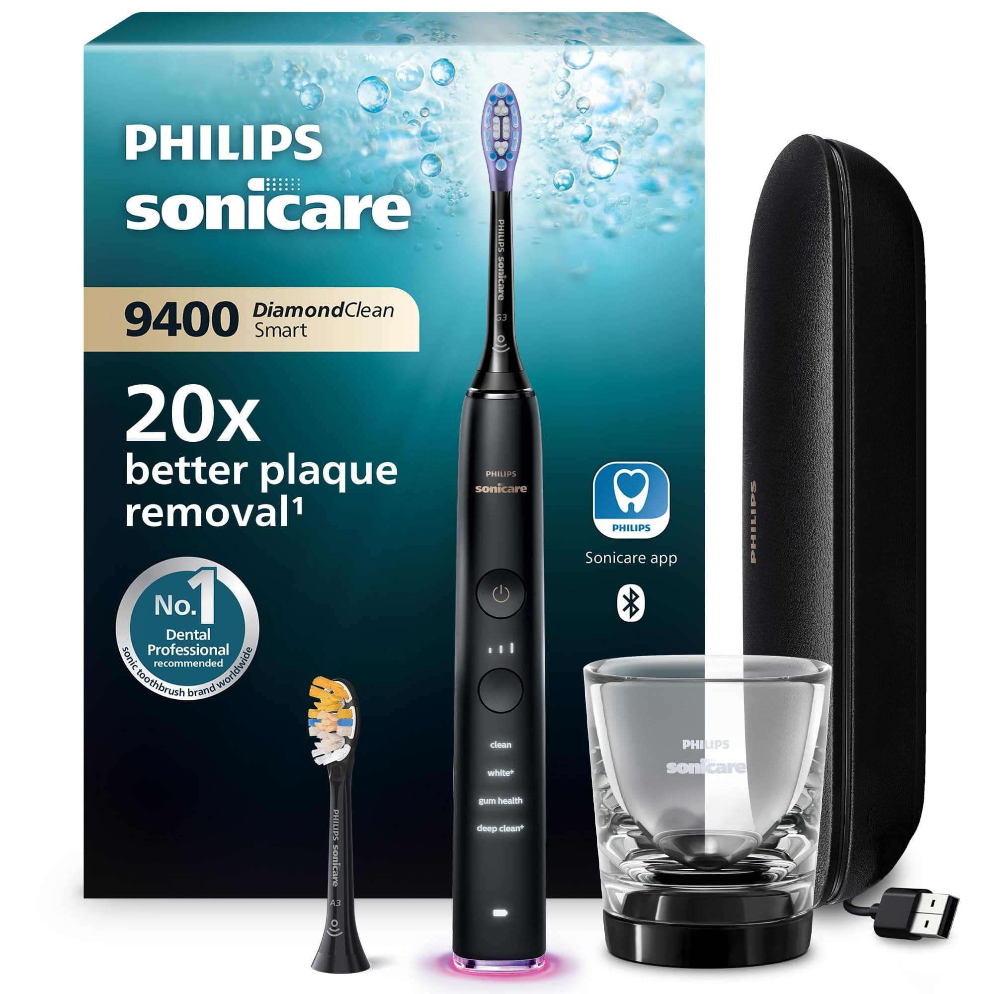 Philips Sonicare DiamondClean Smart 9400 spazzolino elettrico, spazzolino sonico con app, sensore di pressione, rilevamento della testina, nero, modello HX9917/89