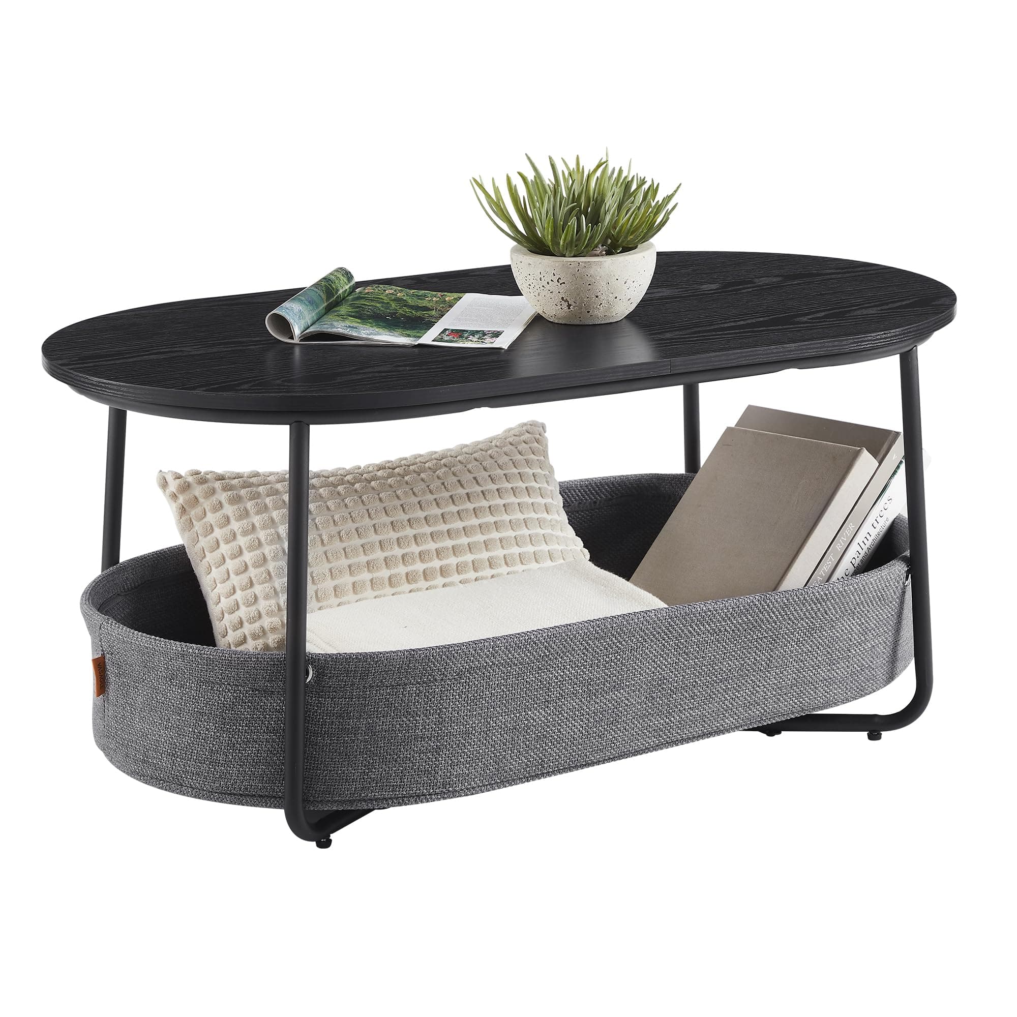 VASAGLE Couchtisch oval, Tisch mit Stauraum, Beistelltisch, Wohnzimmertisch mit Korb aus Stoff, modern, Metallrahmen, tintenschwarz-schiefergrau LCT222B56
