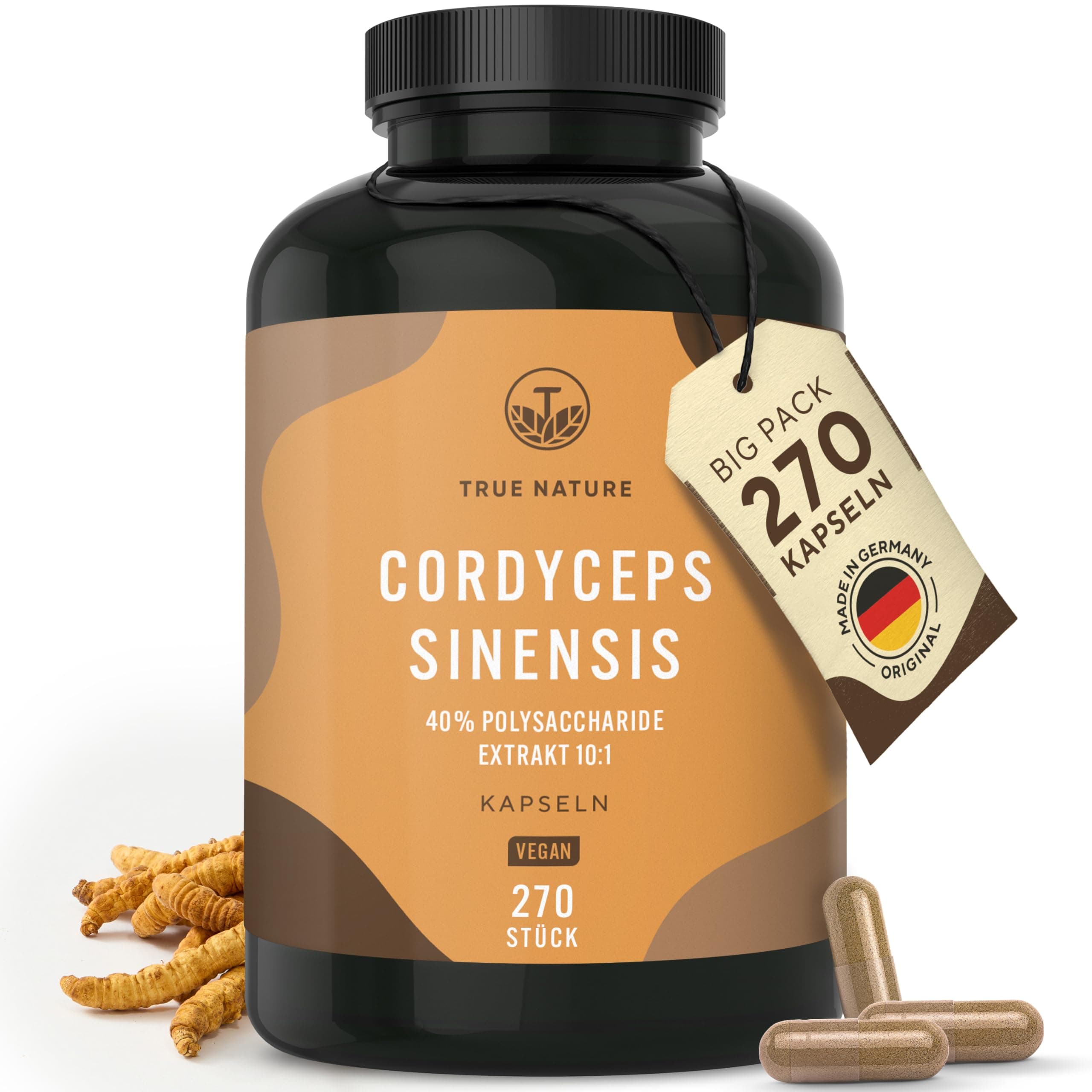 Cordyceps Kapseln hochdosiert - 270 Stück - 19.500mg pro Tag (10:1 Extrakt) - mit 40% bioaktiven Polysacchariden - Vegan - TRUE NATURE