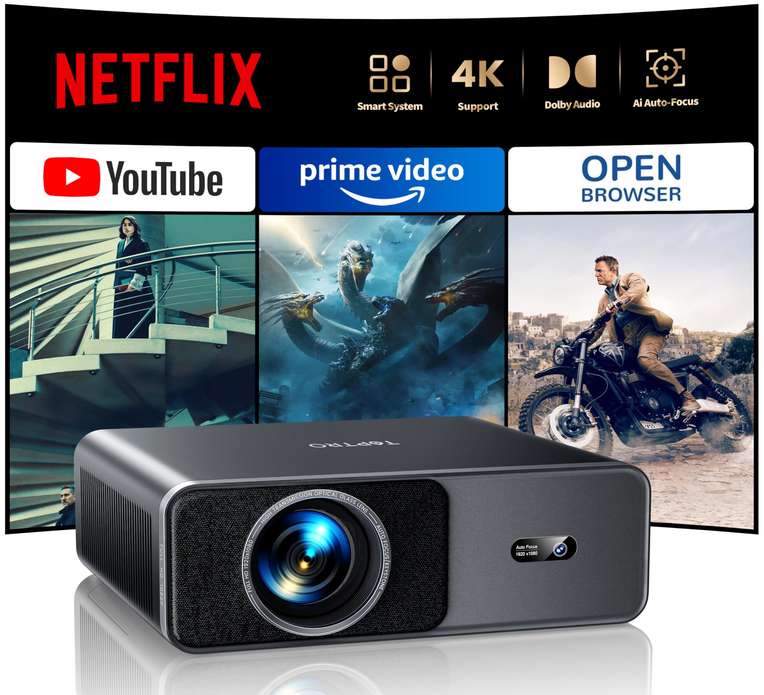 Videoprojecteur 4K Home Cinema, 1000 ANSI Portable Projecteur Video Compatible Netflix, Audio Dolby 20W, TOPTRO FHD 1080P HDR10 Retroprojecteur, Auto Focus/Keystone, Zoom 50%, WiFi Bluetooth Projector