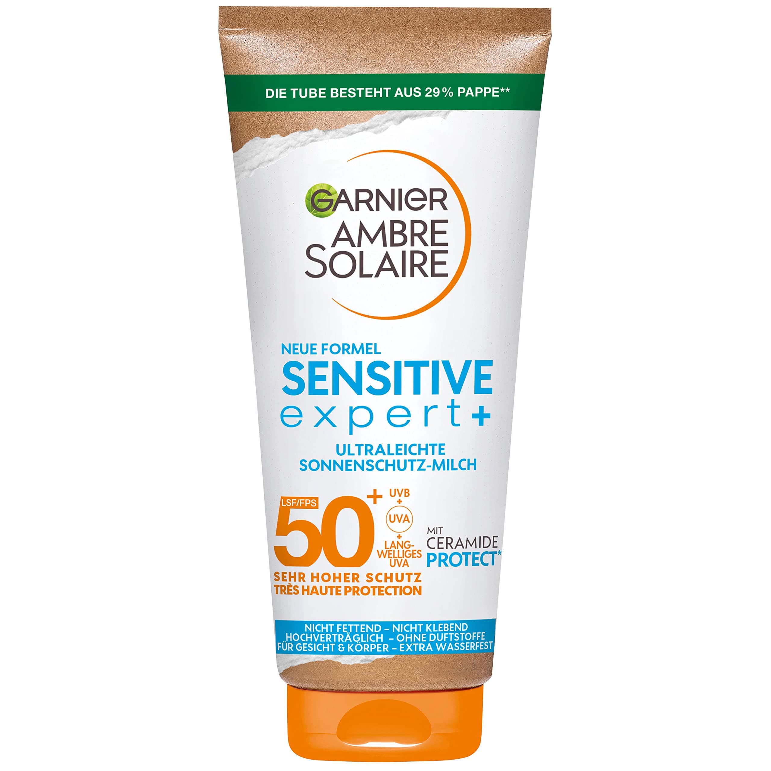 Garnier Sonnenschutzmilch mit LSF 50+, Sehr leichte und rückstandslose Sonnencreme für helle und empfindliche Haut, Ambre Solaire Sensitive expert+, 1 x 175 ml