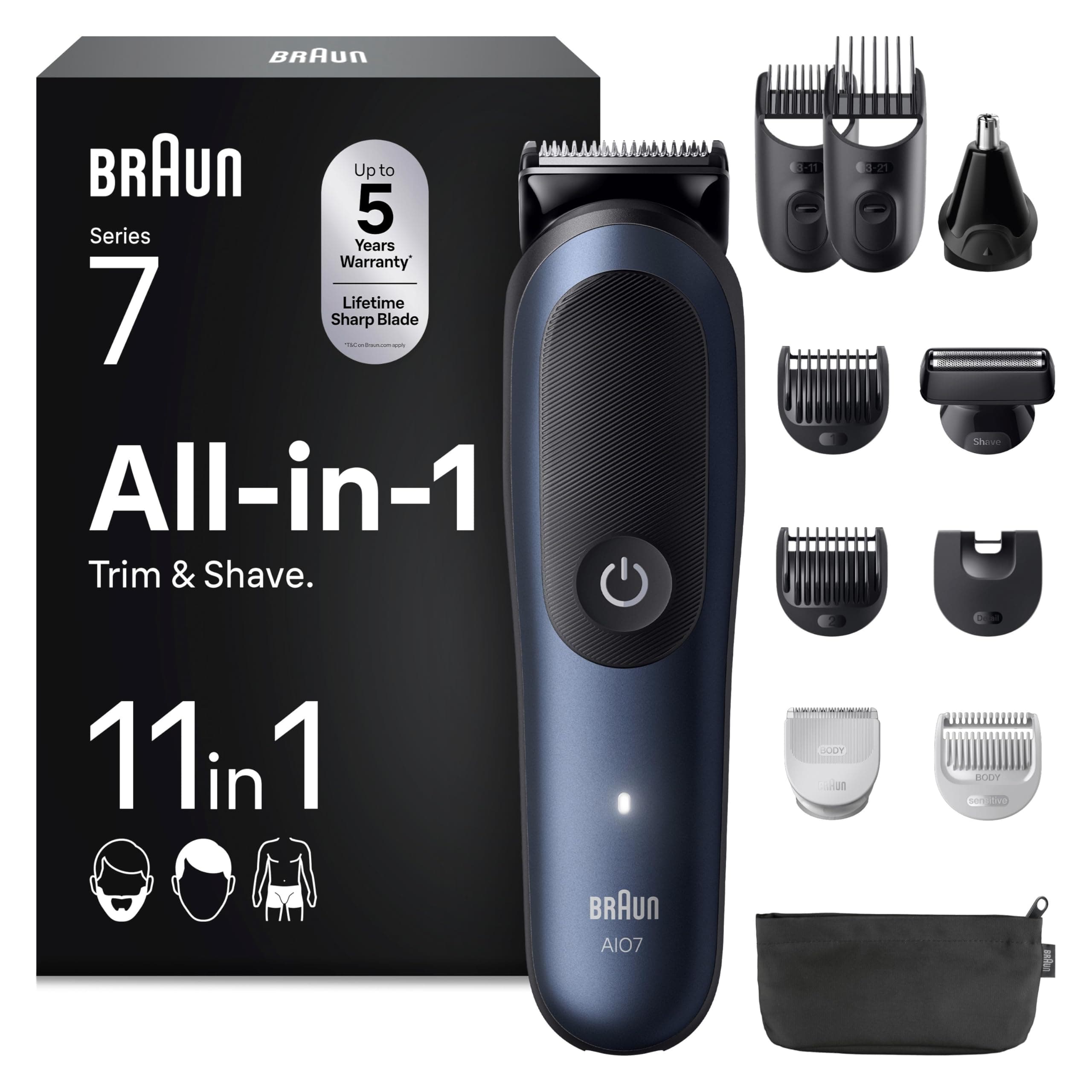 Braun Tondeuse Electrique Homme, Tout-en-Un Series 7 AIO7540 11-en-1, Bleue– Etanche, Batterie Rechargeable, Lame ProBlade Ultra Affutée, sans Fil, Coffret avec 6 Sabots, 3 Accessoires