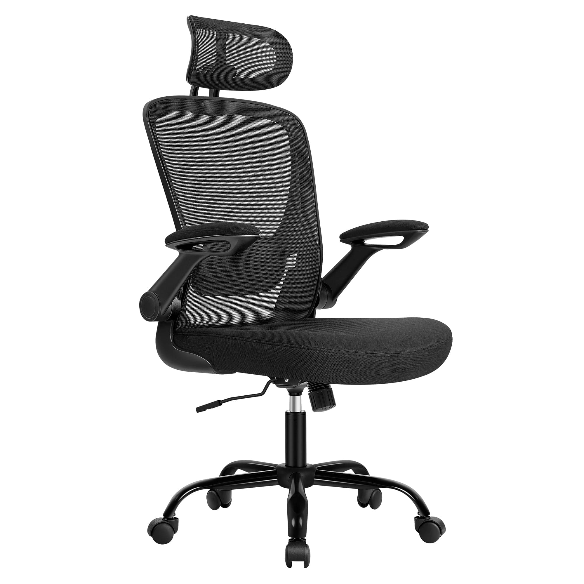 SONGMICS Silla de Oficina, Silla de Escritorio de Malla, Silla Giratoria Ergonómica, Soporte Lumbar, Oscilante, Asiento de 53 cm, Apoyabrazos Abatibles, Reposacabezas, Negro Tinta OBN047B01