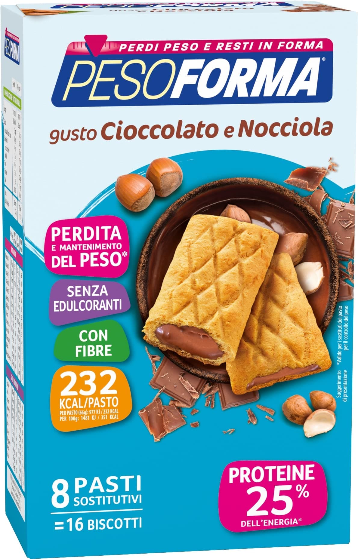 Pesoforma Biscotti al cioccolato e nocciole, pasto proteico sostitutivo, per tornare in forma con gusto, solo 232 calorie, nuovo formato, 16 biscotti, 8 pasti sostitutivi, 528 g