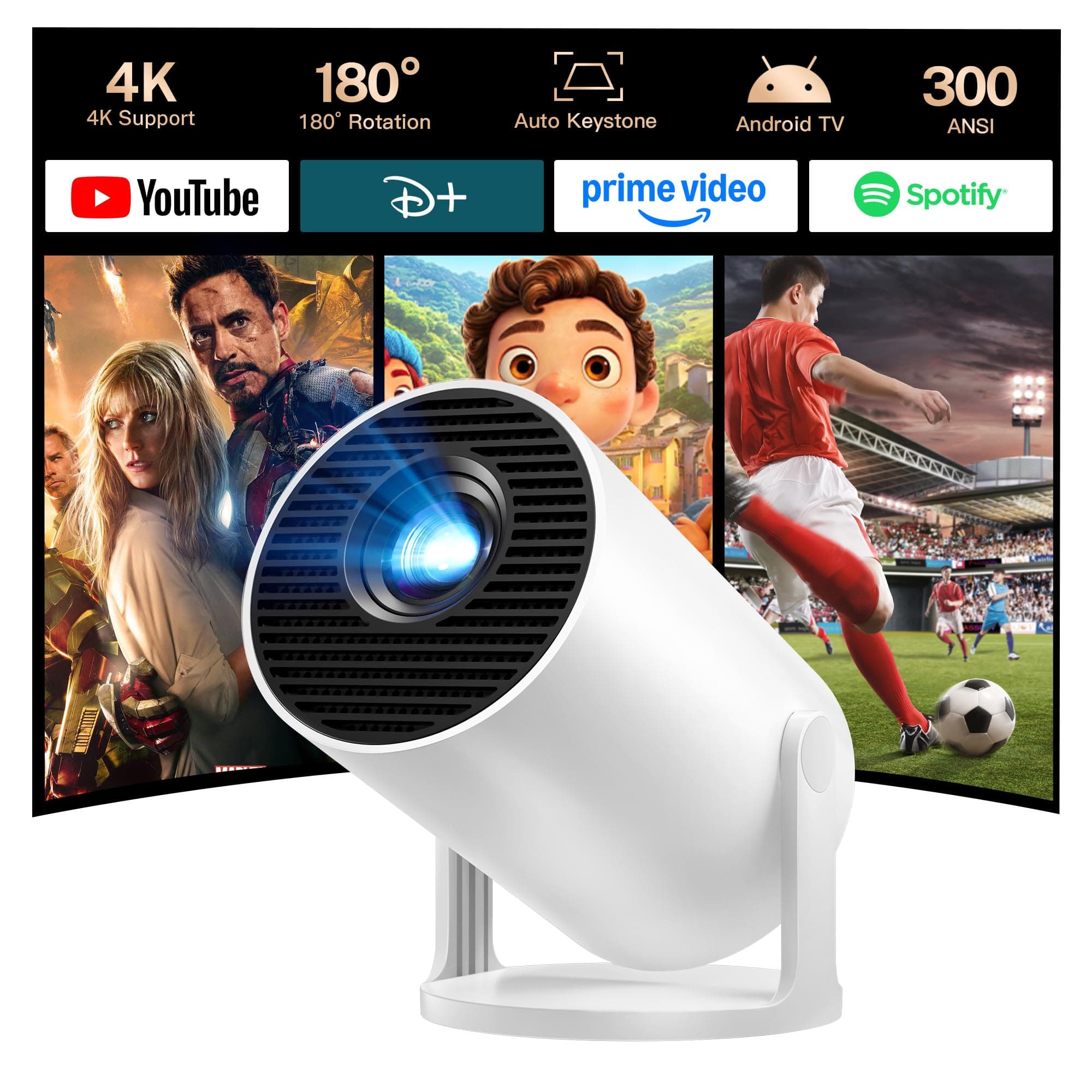 [Auto Keystone] Proyector Inteligente con Wi-Fi 6 Bluetooth 5.4, 4K Soporte, Android 14, Apps Integradas, Mini Proyector Portatil Compatible con HDMI/iOS/Android/US LYNCAST HY300 Pro