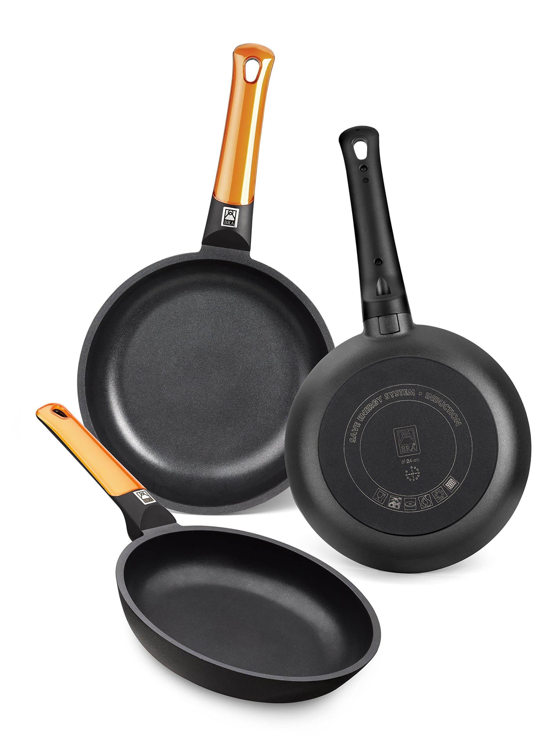 BRA Efficient Orange Juego de 3 Sartenes de Aluminio Fundido, 18/22/26 cm de Diámetro, Antiadherente y 100% Libre de PFOA, para Todo Tipo de Cocinas, Aptas para Lavavajillas