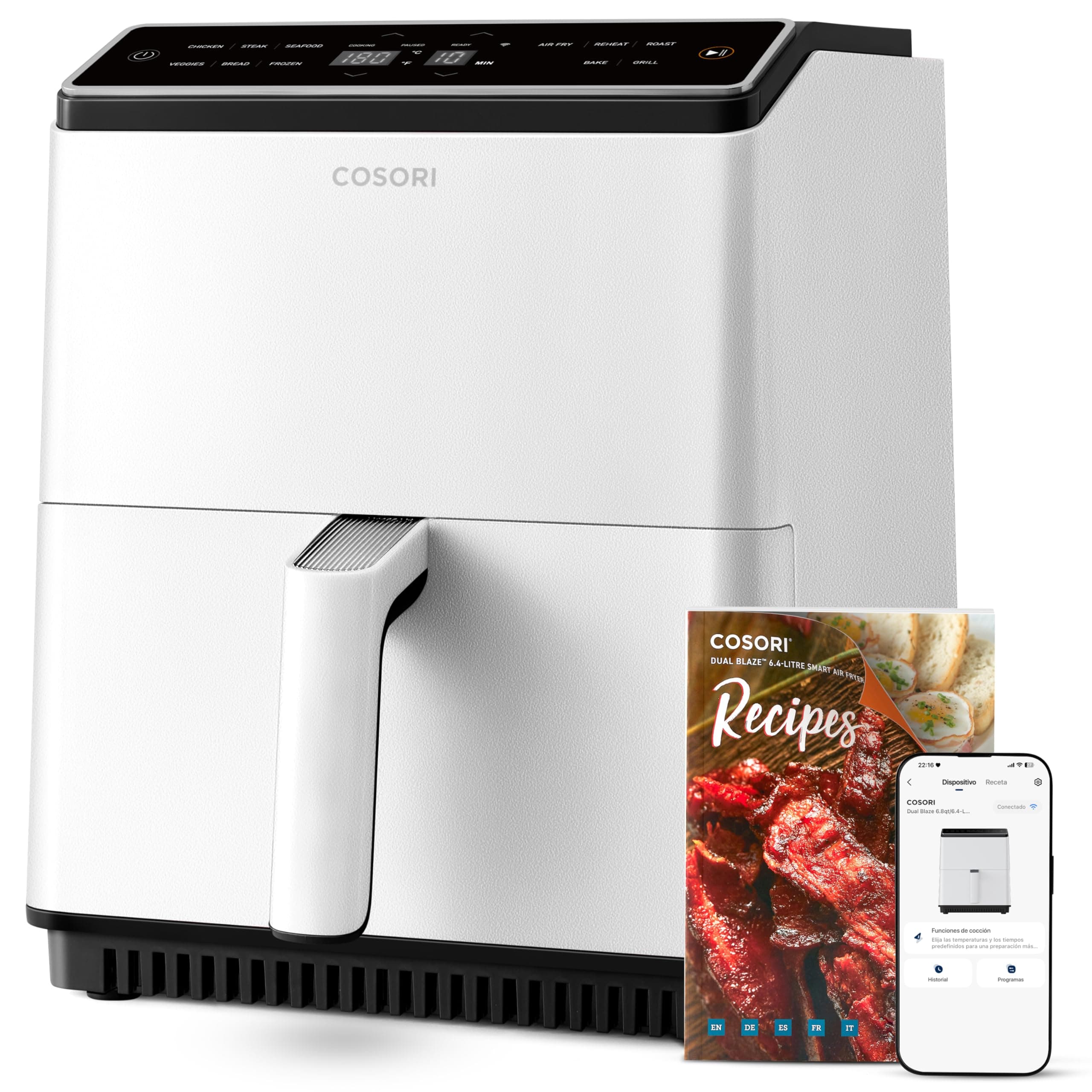 Cosori Dual Blaze Freidora de Aire, Air Fryer WIFI 6,4L, 11 en 1, Freidora sin Aceite, Más de 90 Recetas en la App Creadas por Chef en Español, Blanca, con Doble Resistencia, CAF-P585S
