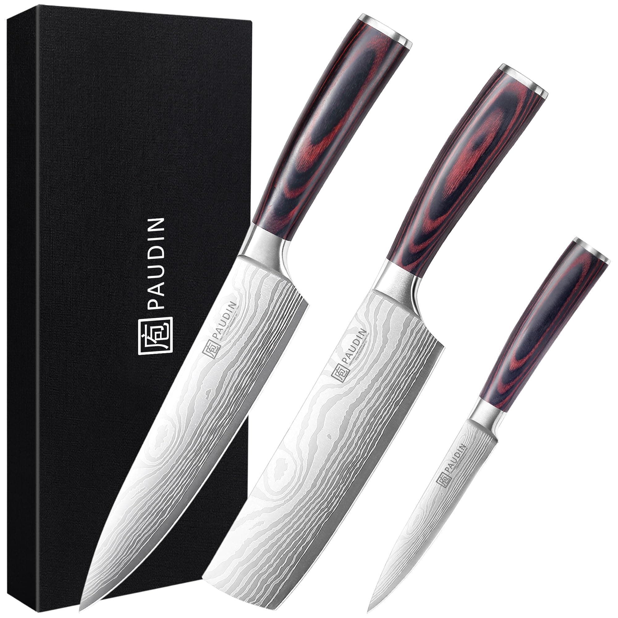 PAUDIN Set di coltelli da cucina, Coltelli in acciaio inossidabile al carbonio di alta qualità in 3 pezzi, coltello da chef affilato, mannaia, coltello multiuso, impugnatura ergonomica