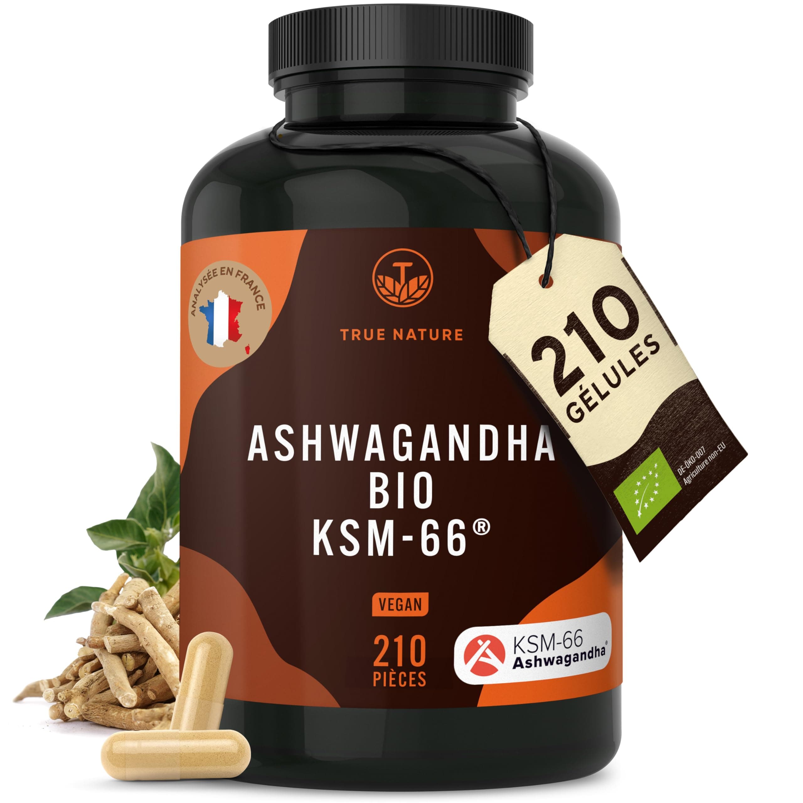 Bio Ashwagandha KSM-66 | Actif breveté - 210 Gélules - 600mg, dont plus de 5% de Withanolide - Vegan, Ayurveda - Sans: Lactose & Gluten - TRUE NATURE