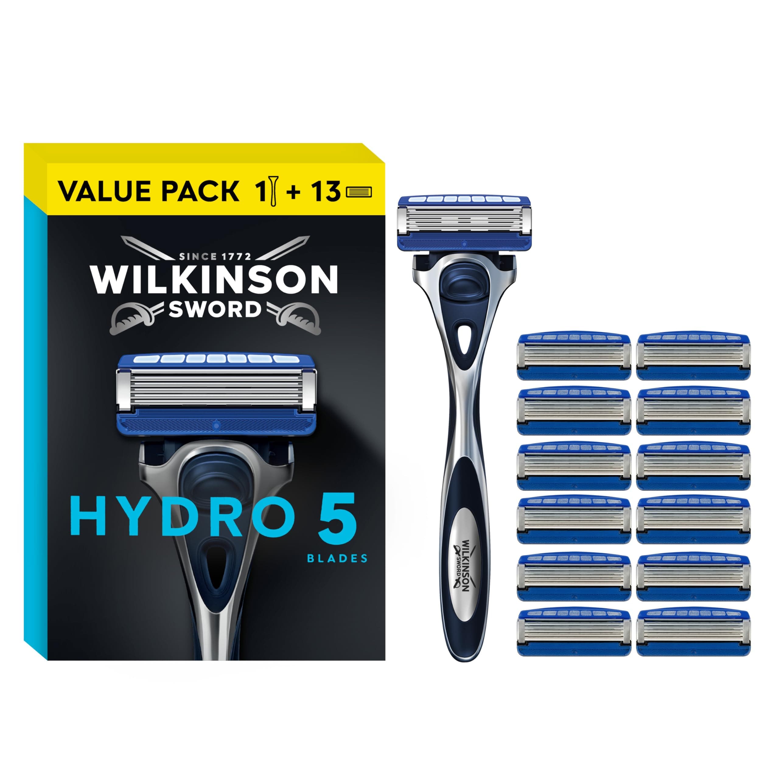 Wilkinson Sword Hydro 5 - Rasoir pour Homme - idéal pour les trousses de toilette des hommes - parfait pour le rasage quotidien - 1 manche de rasoir réutilisable + 13 lames de rechanges