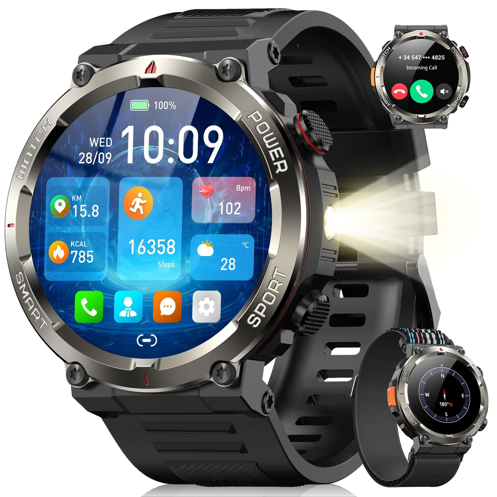 Blackview Smartwatch Uomo, Orologio Intelligente Fitness con Chiamate Bluetooth,1.45" Militari Smart Watch Tracker 100+ Modalità Sportive/Cardiofrequenzimetro/SpO2/Torcia/Bussola per Android iOS
