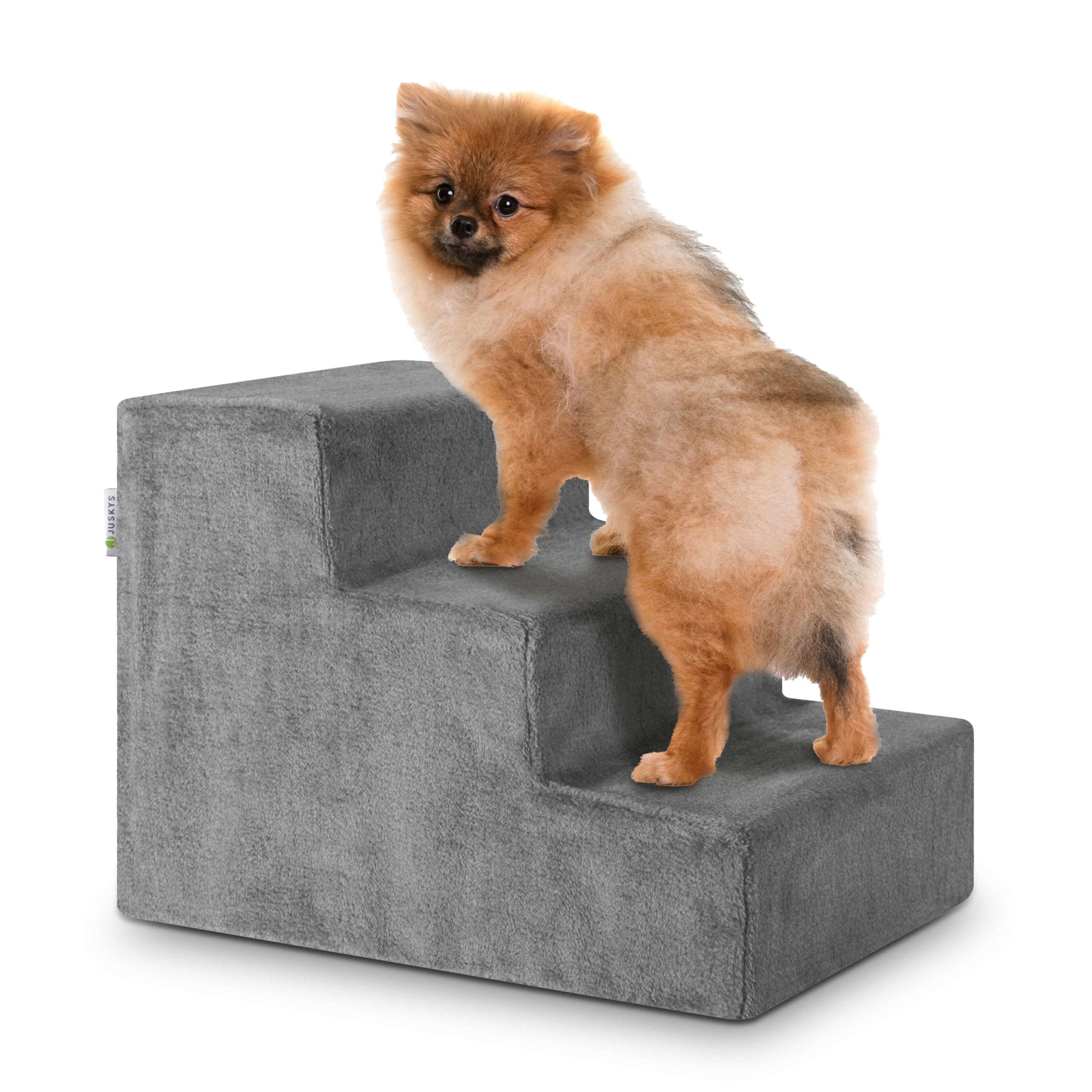 Juskys Hundetreppe 36 cm – Treppe mit 3 Stufen & waschbarem Plüschbezug, Katzentreppe & Hunderampe für Sofa, Bett, Couch & Auto – Haustiertreppe grau