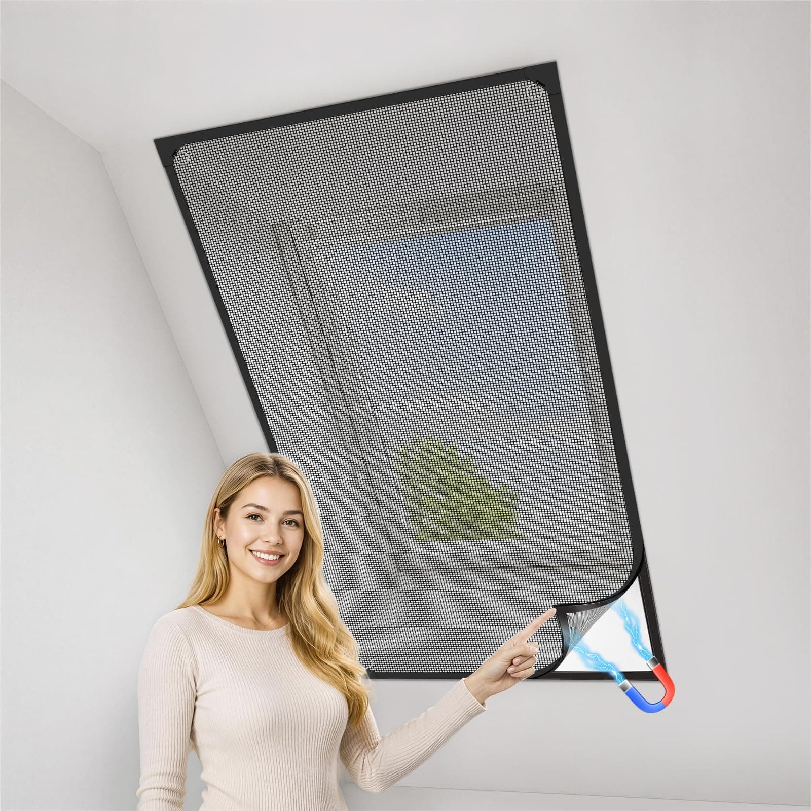 MLEJU Mosquitera Magnética Ventana, 140x150 cm Marco Negro Malla Negro | DIY Ajustable, Malla de Fibra de Vidrio Reforzada, Fácil Instalación sin Taladrar, Protección contra Insectos para Ventanas