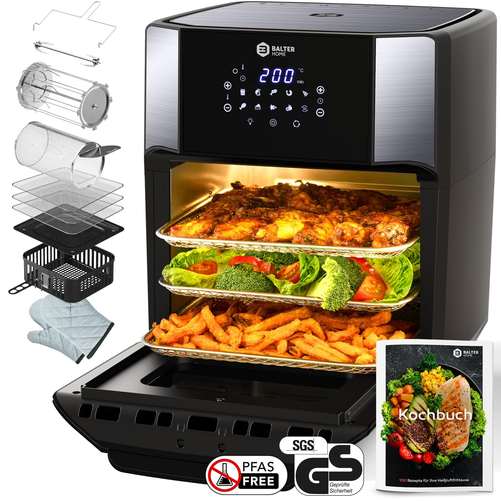 Balter Heißluftfritteuse HL-1200-BL, 12 Liter, Friteuse, LED Touchscreen, 10 Programme, Dörrautomat, 1800W Heissluftfritteuse airfryer, 100 Rezepte auf Deutsch, Minibackofen