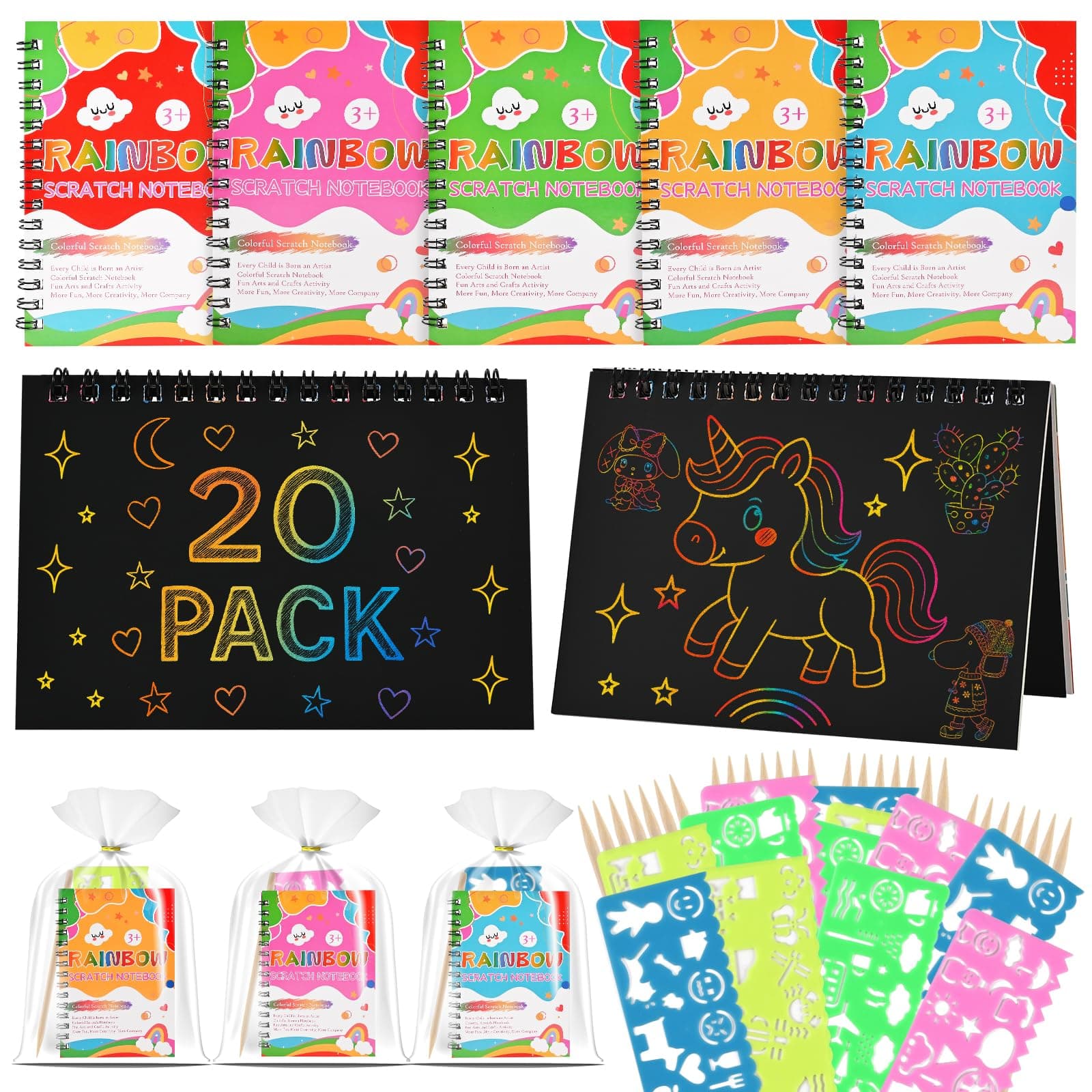 GOLDGE 20 Libros Scratch Art, Kit Manualidades Niños para Detalles Cumpleaños Niños|Juguetes Niña y Niño, Regalos Cumpleaños Niños Colegio Invitados con Bolsas|Regalo Niña y Niño 2 3 4 5 6 7 8 9 Años