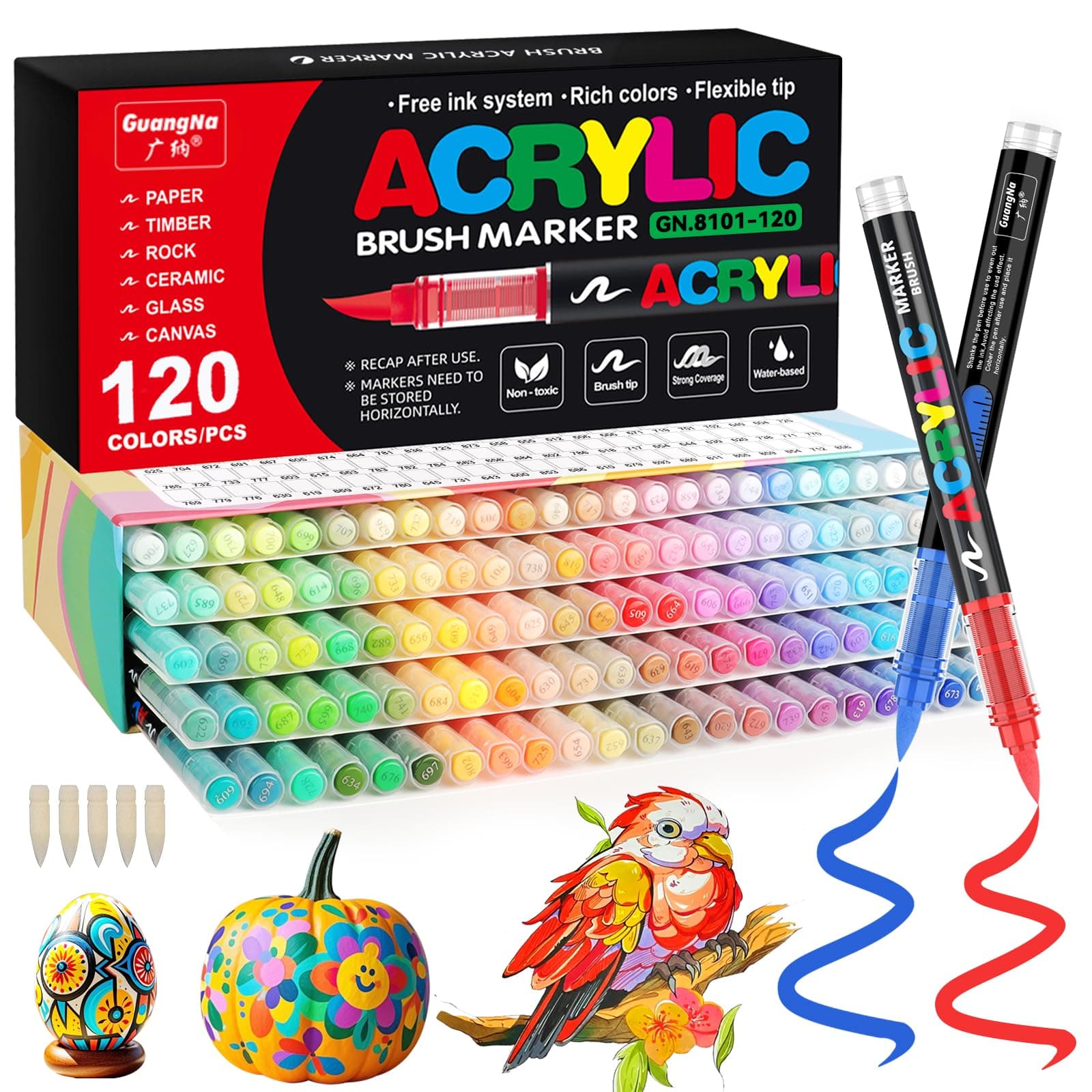 Funnasting 120 Couleurs Feutre Acrylique, Tête de Brosse Douce Marqueur Peinture Acrylique pour Coloriage, Verre, Tissu, Oeuf, Pétroglyphes et Bricolage Arts & Crafts Fournitures