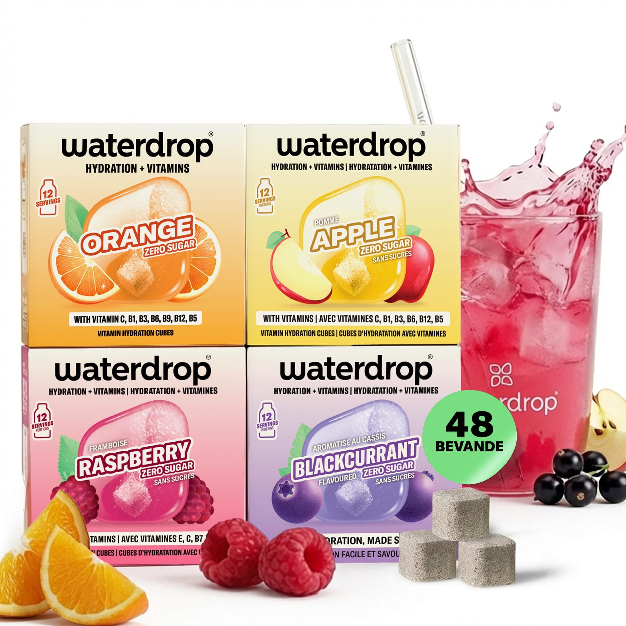 waterdrop® Mele e Bacche Set - 48 cubetti waterdrop per acqua - Pacchetto di prova con 4 gusti aromatizzanti - insaporitore senza zucchero - acqua aromatizzata in forma di cubetti - Microdrink Set