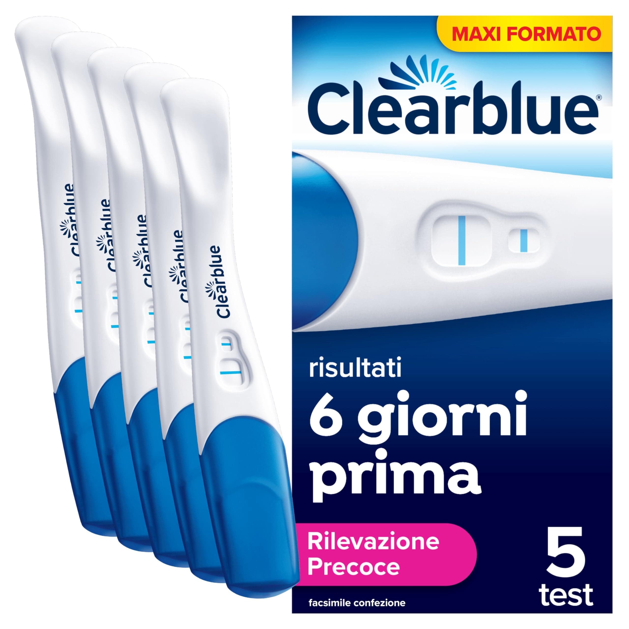 Test di gravidanza Clearblue, Rilevazione Ultra Precoce (10 mUI/ml) Maxiformato, Risultati 6 giorni prima, Risultati accurati al 99%, 5 test