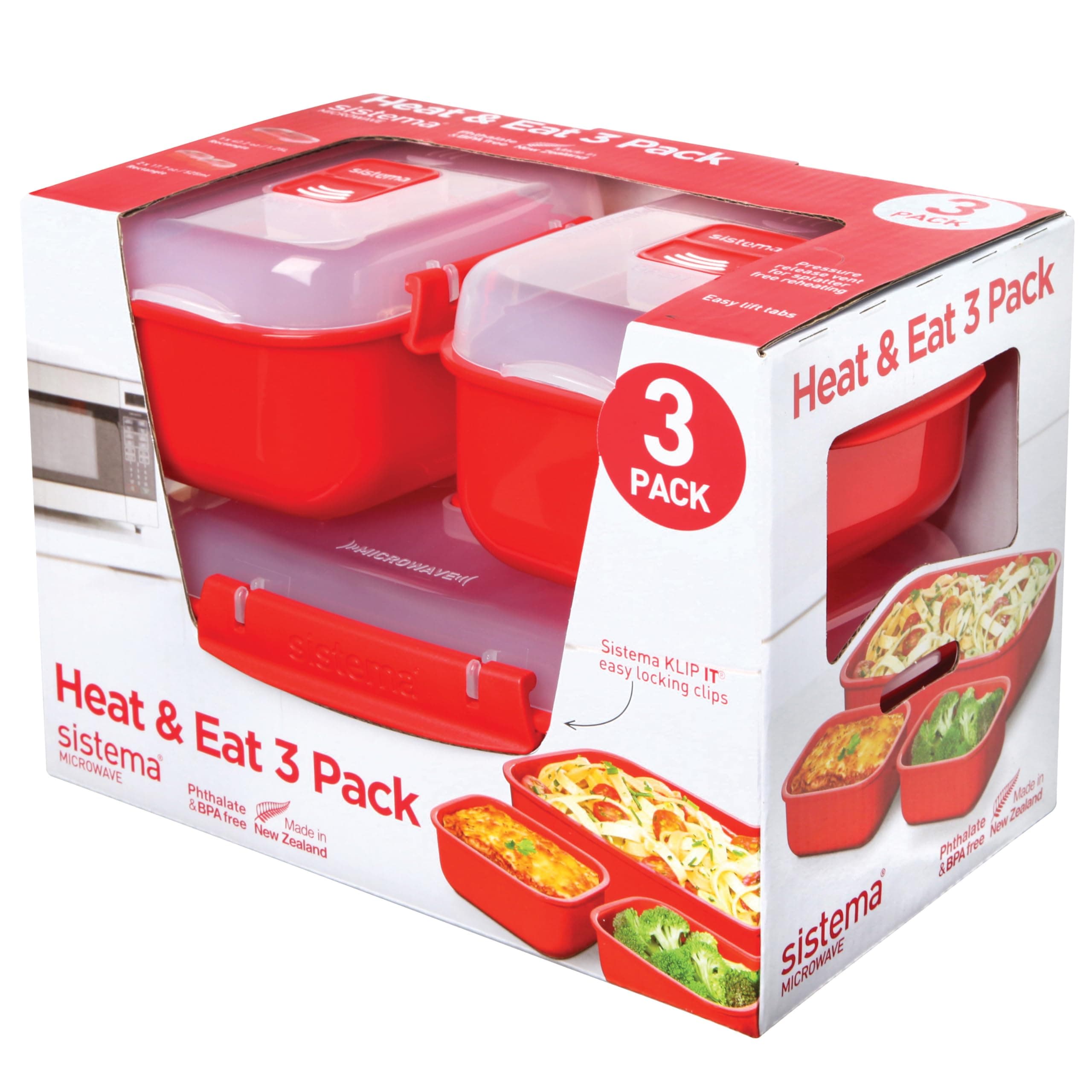 Sistema Microwave-Heat & Eat mikrowellenfeste Lunchbox Set | 3 rechteckige Mikrowellen-Brotdosen mit Deckel (1 x 1,25 L + 2 x 525 ml) | verschließbare Clips und Belüftungsventile | BPA-frei