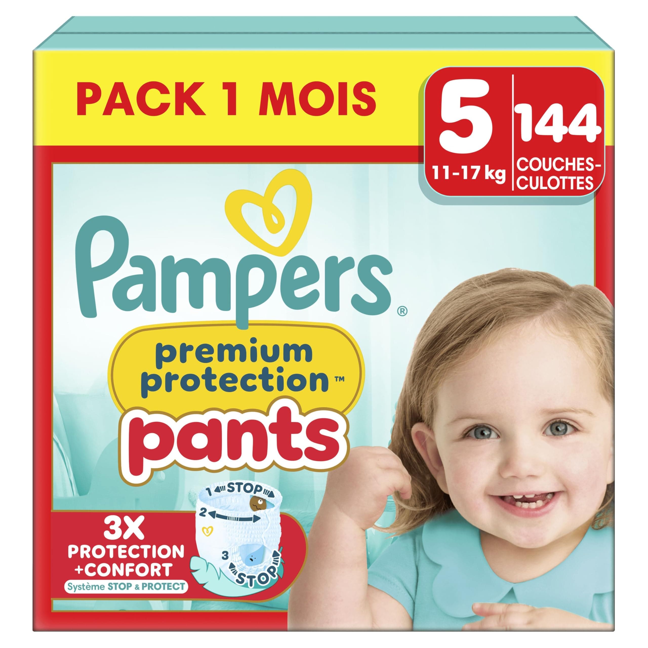 Pampers Premium Protection Pants, Size 5, 144 Nappies, 11-17 kg, Our Best Comfort & Protection, 360° Support Against Leaks and Ultra-Soft Materials, Pack 1 Month