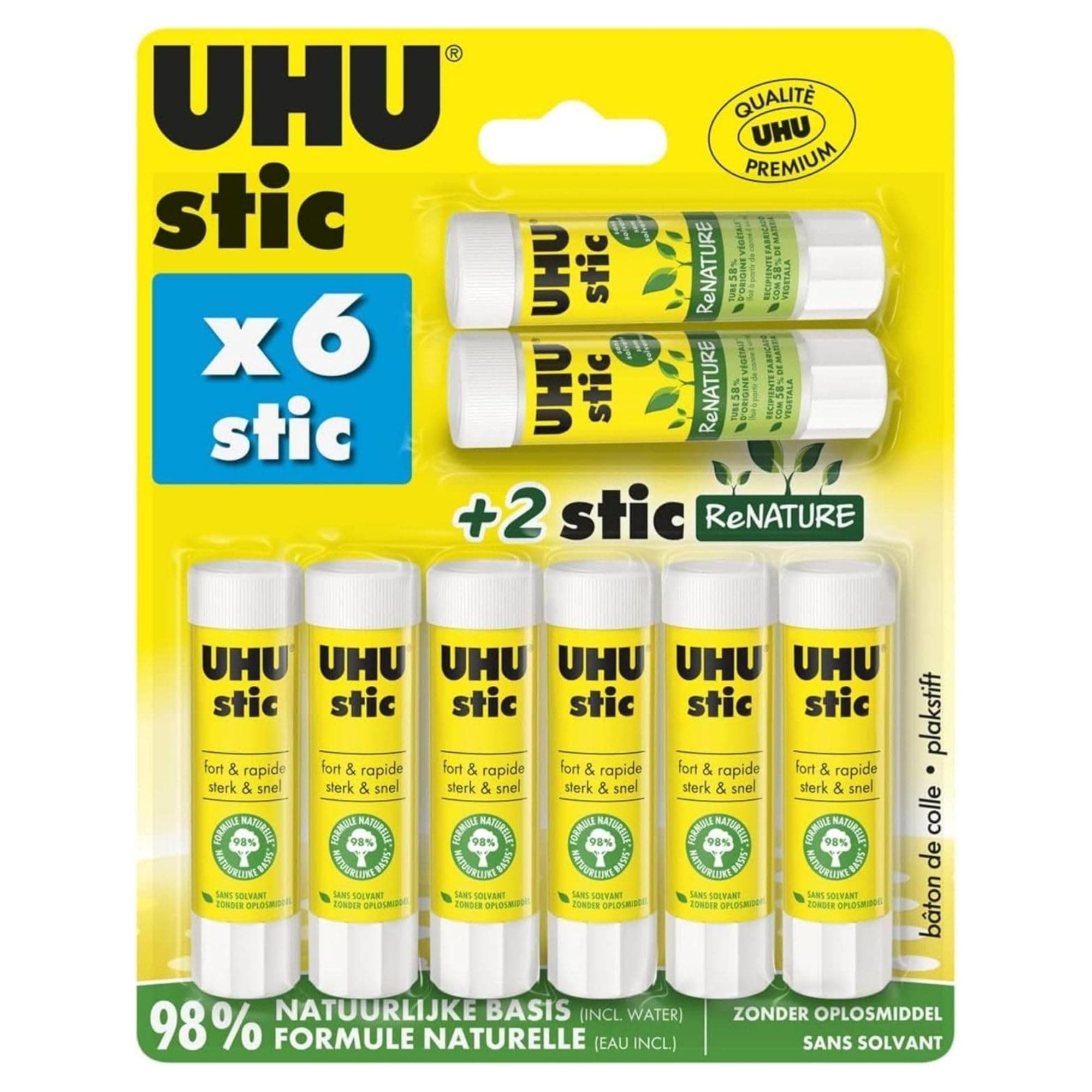 UHU Stic - Bâton de Colle Sans Solvants - Colle Enfant, Loisirs Créatifs, Bureau, Maison, École - Blanche - Fournitures de Bureau - Lot de 6 Stics de 8,2 g + 2 Stics ReNature de 8,2 g