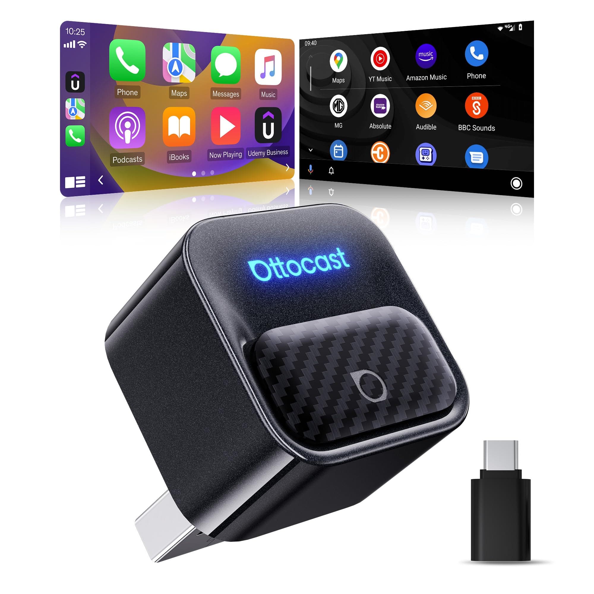 Ottocast Mini Core 2026 Adaptador CarPlay Inalámbrico y Android Auto, Plug & Play, Cambio de móvil con un botón, WiFi 6 + BT 5.4, Reconexión automática, para iPhone 6+ (iOS 10+) y Android 11+