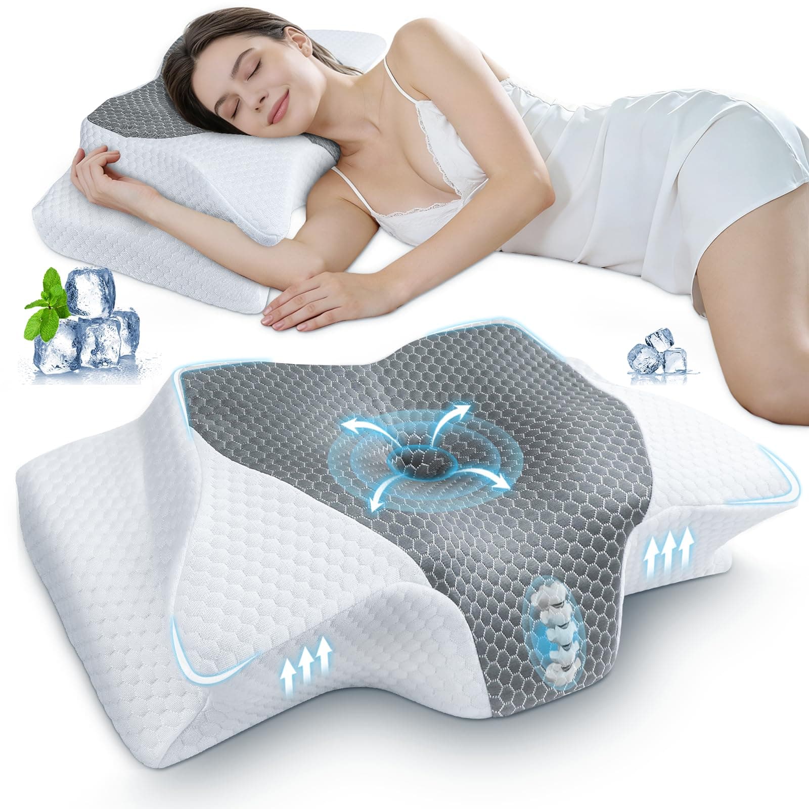 SAHEYER Almohada Cervical Ergonómica, Almohada Ortopédica para Dormir de Lado Almohada de Espuma con Memoria para Apoyar el Cuello Almohada para Dormir, 60x35,5x13/10CM, Gris Claro