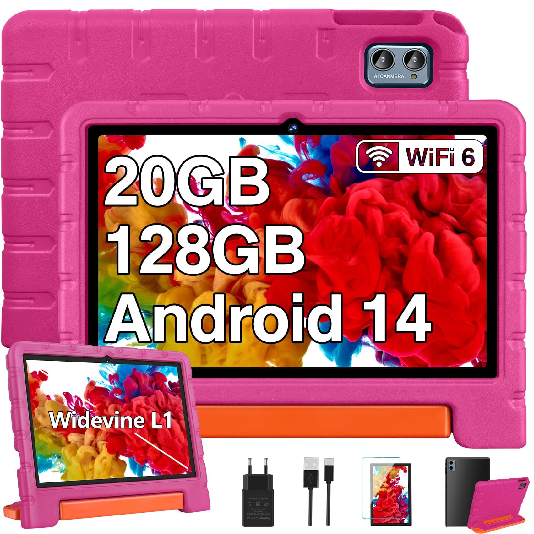 ZIOVO Tablette 10 Pouces Android 14 Tablette Enfants,20Go RAM+128Go ROM(TF 1To),Widevine L1，WiFi 6 Tablettes,Octa-cœur, 6000mAh | 5+8MP | BT 5.0 | Contrôle Parental Tablettes avec EVA Cas-Rose