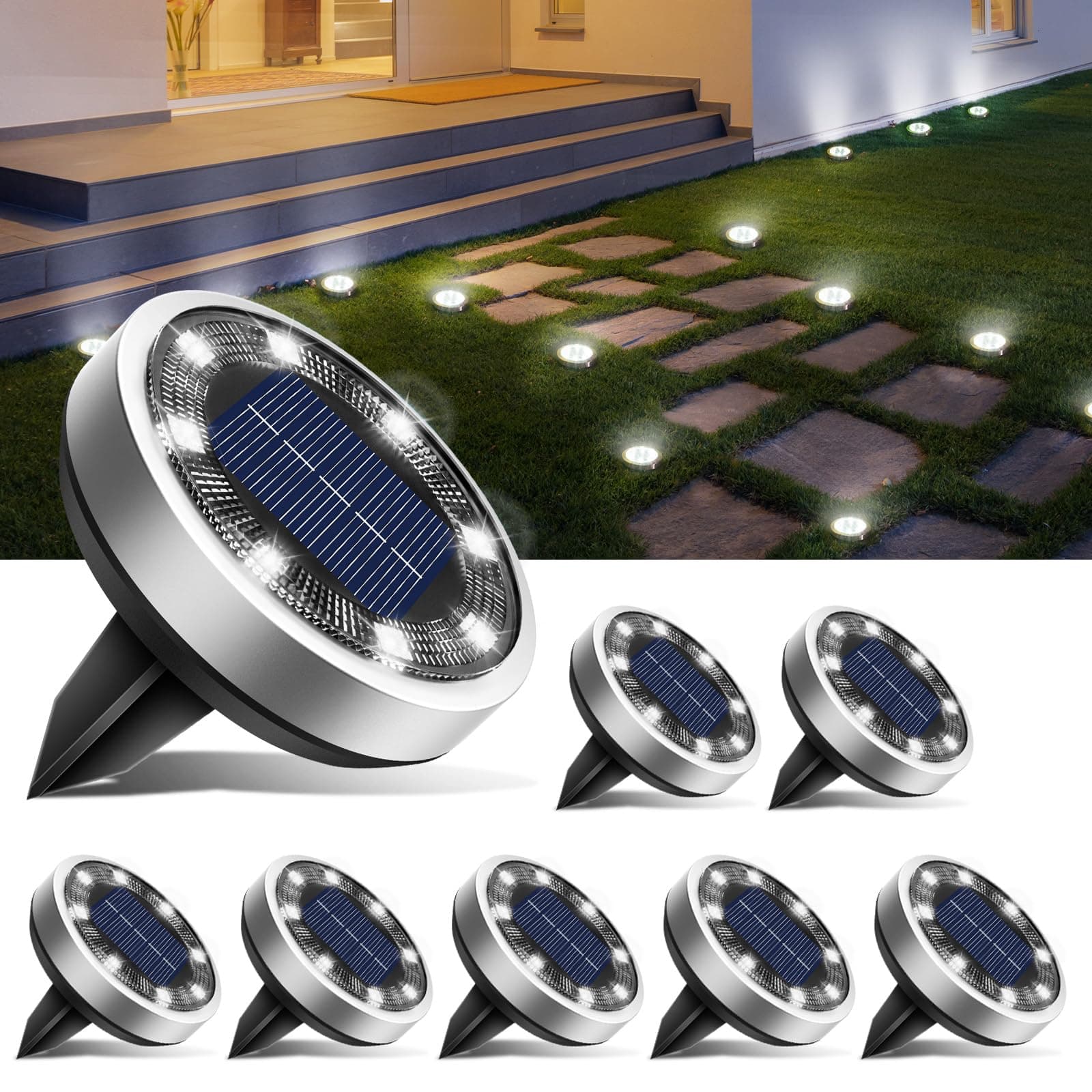 btfarm 8 Paquetes Luces Solares LED Exterior Jardin Suelo, 8 LED Luz Solar Exterior Jardin, IP65 Impermeable Lamparas Solares Suelo Camino, Césped, Patio, Terraza (Blanco Frío)