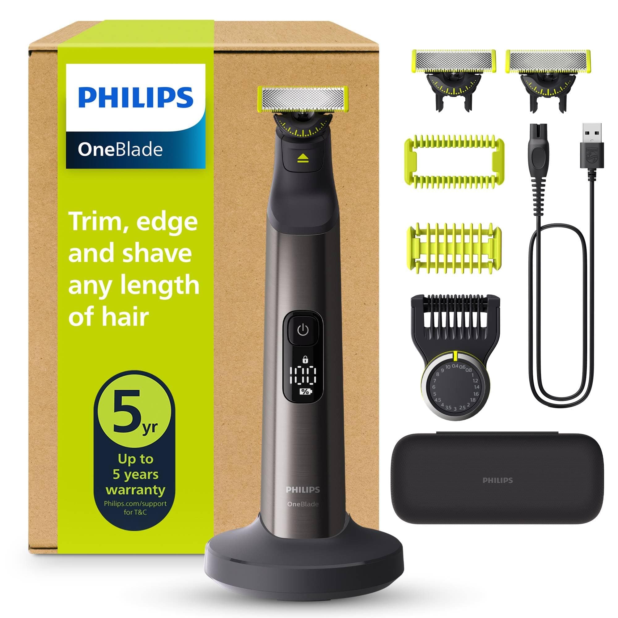 Philips OneBlade Pro 360 Barbero, afeitadora y recortadora eléctrica facial y corporal, 3 cuchillas 360º, peine de 20 longitudes, kit corporal, soporte de carga, estuche de viaje, Negro, QP6652/35