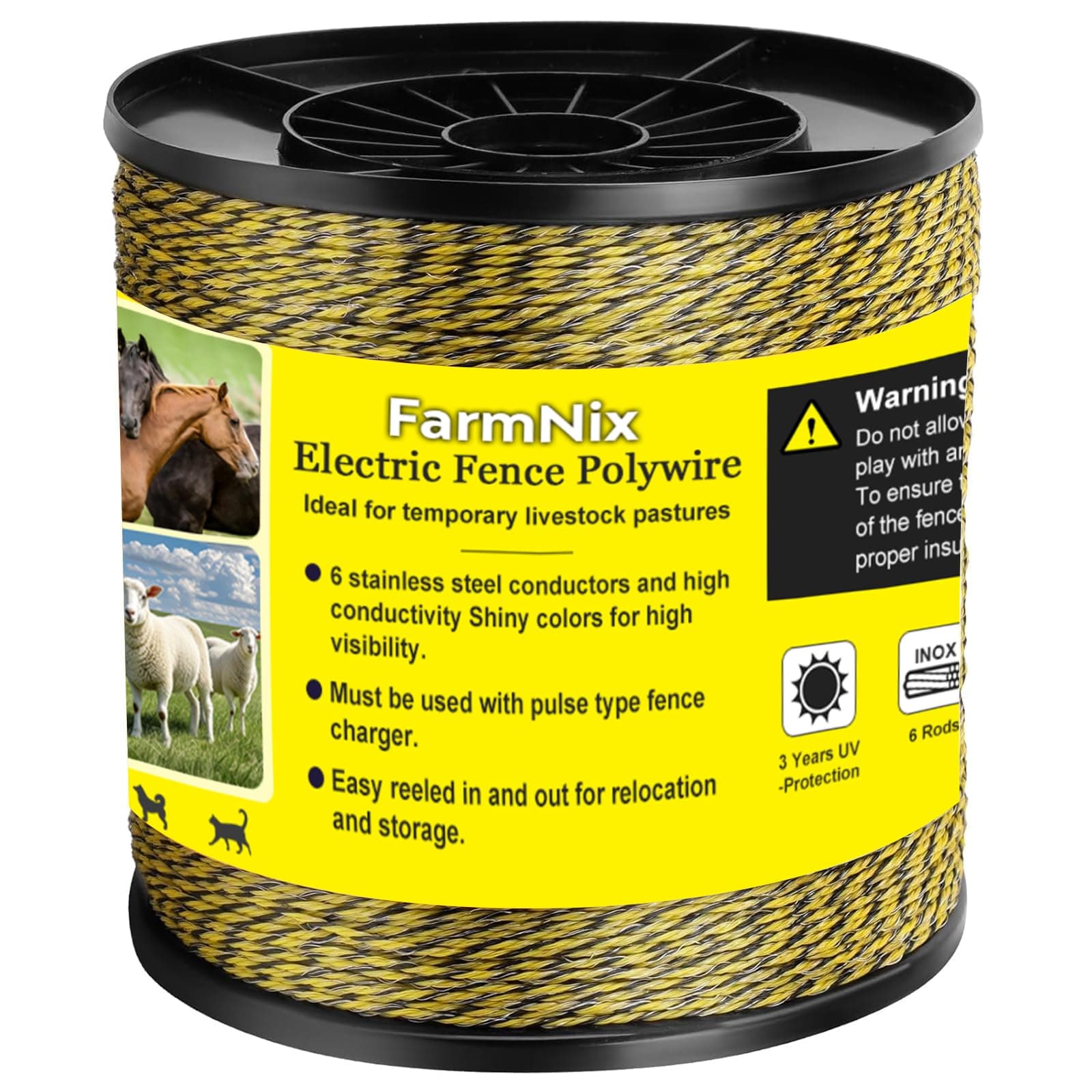 FarmNix Hilo para Cerca Eléctrica 1067 m / 3500 ft – Diámetro 2,3 mm, 6 Conductores de Acero Inoxidable & 24 Fibras PE, Alta Visibilidad Amarillo-Negro para Ganado y Animales de Granja
