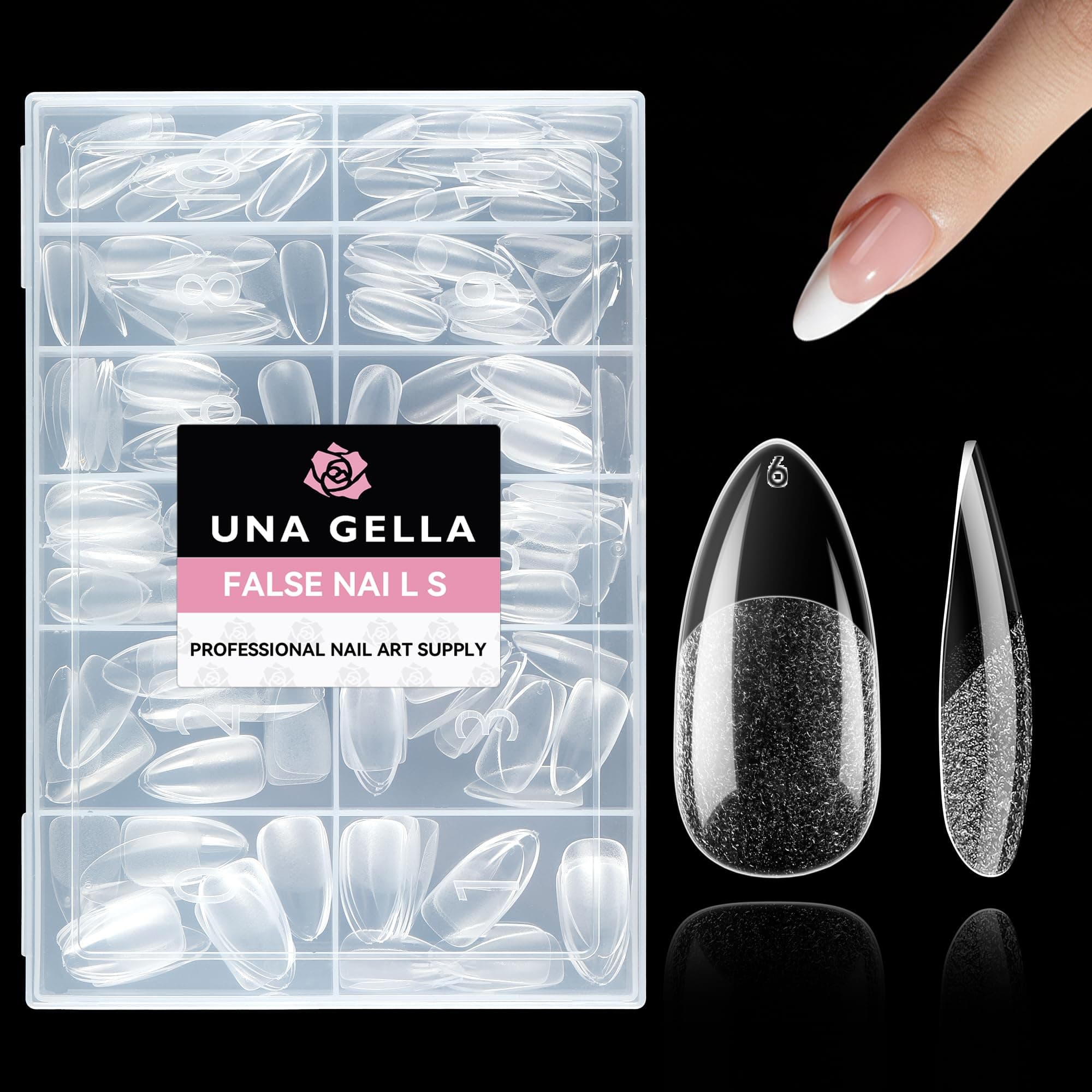 UNA GELLA Capsule Américaine Ongle Amande, 216 Pièces 12 Tailles (Forme Pointue Préformée) Tips en Gel Souple Demi-Mat Prothèses Transparents Full Cover pour Extensions & Nail Art
