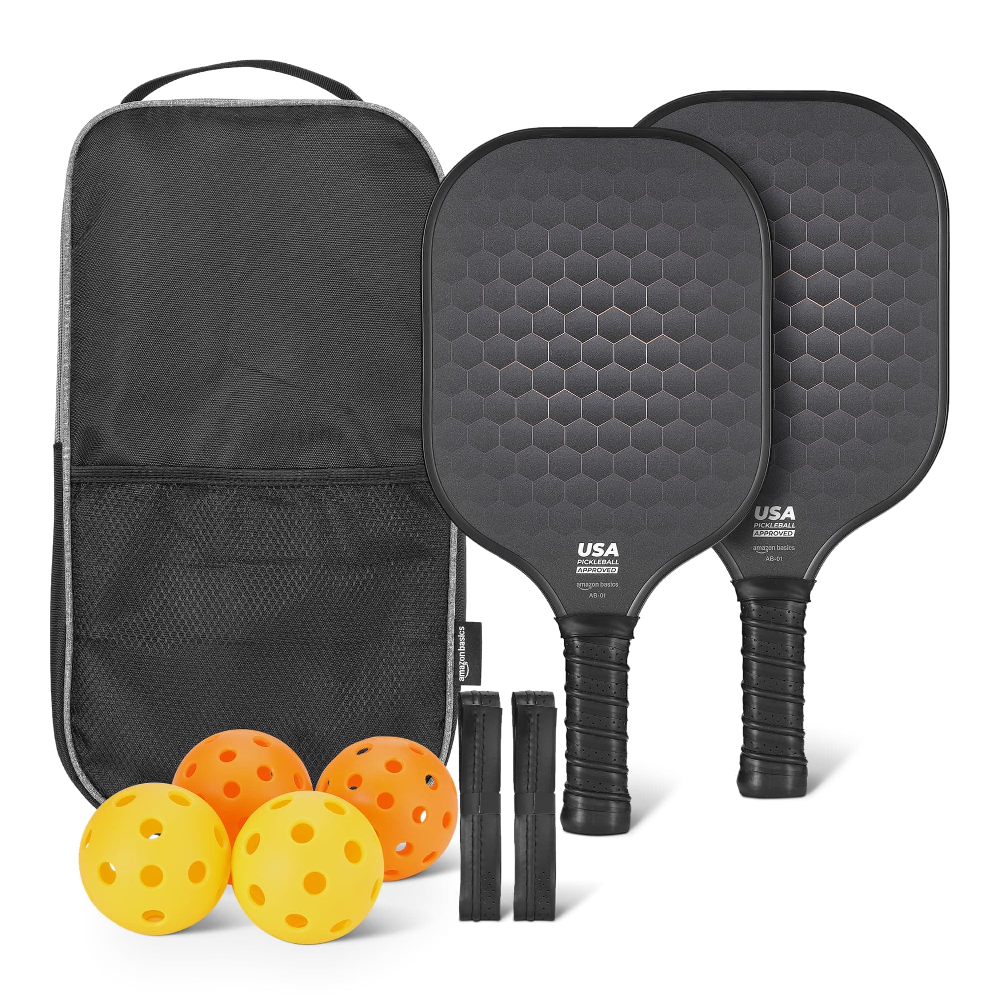 Amazon Basics Set de 2 Palas de Pickleball Aprobadas por USAPA con Marco de Vidrio, 4 Pelotas y 2 Grips, Negro Stealth