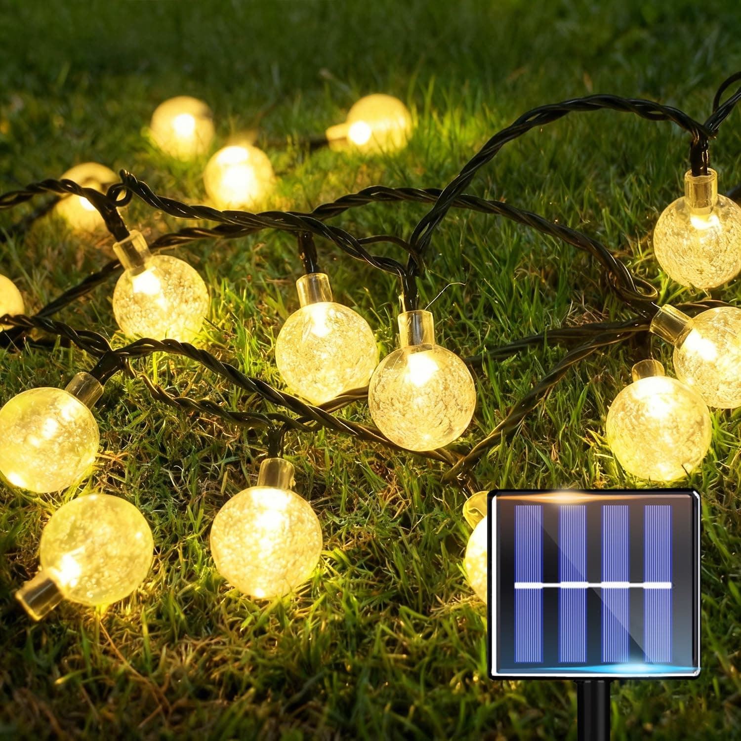 Guirnaldas Luces Exterior Solar, Cadena de Luces Solares 15M 60 LED con Bolas de Cristal, 8 Modos IP65 Guirnalda de Luces Exterior Solar para Jardin Balcon Terraza Fiestas Navidad Blanco Calido