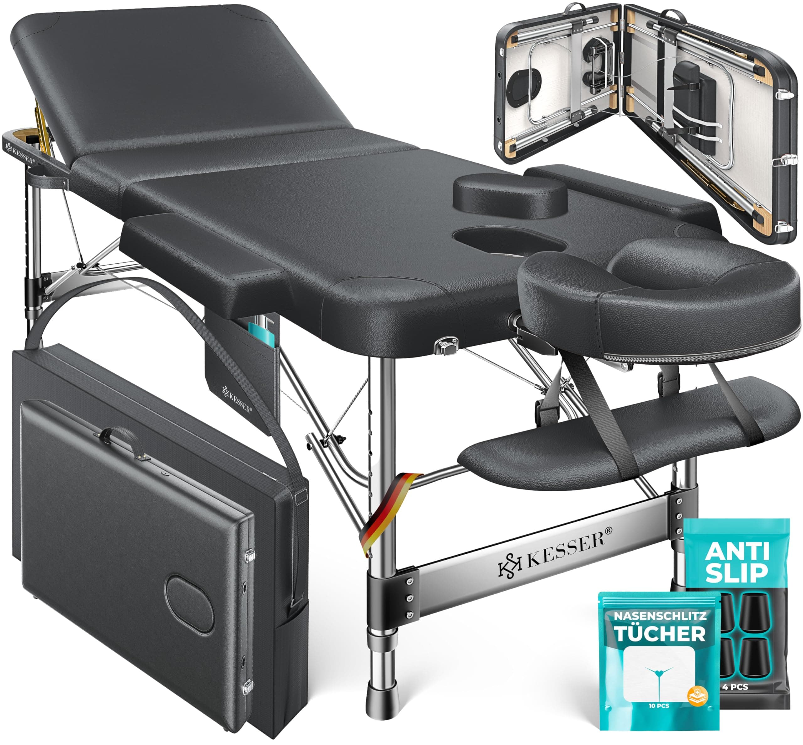 KESSER® Massageliege 3 Zonen bis 250kg, Massagetisch klappbar, verstellbar, tragbarer Koffer, Kosmetikliege, Therapieliege, Zubehör, Alu-Kopfstütze, Armlehne, Tragetasche, Anti Rutsch, 60cm, Anthrazit