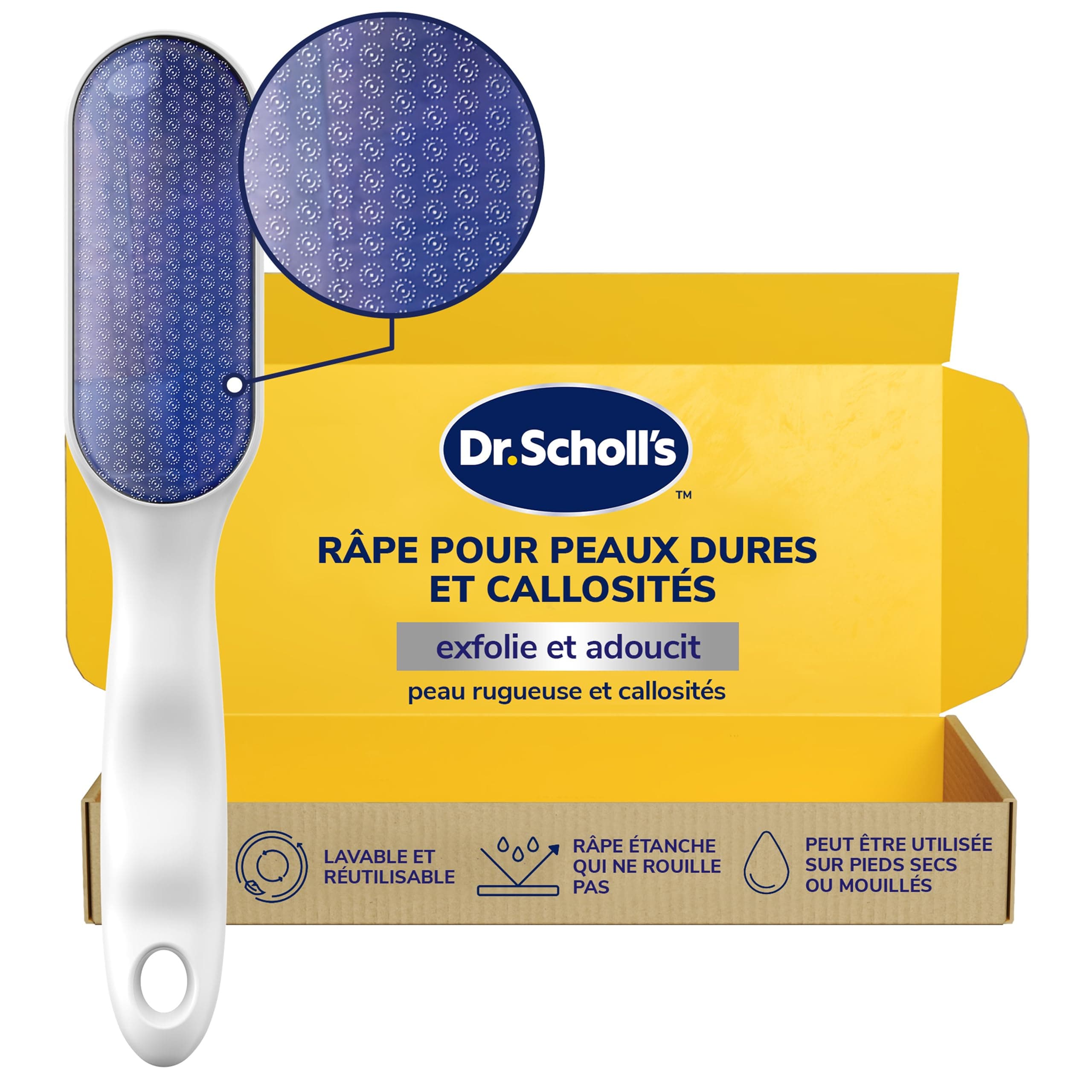 Dr. Scholl’s Râpe Pieds Manuelle en Nano Verre – Élimine en douceur la peau dure et les callosités sur pieds secs ou mouillés – Râpe étanche qui ne rouille pas – Lavable et réutilisable