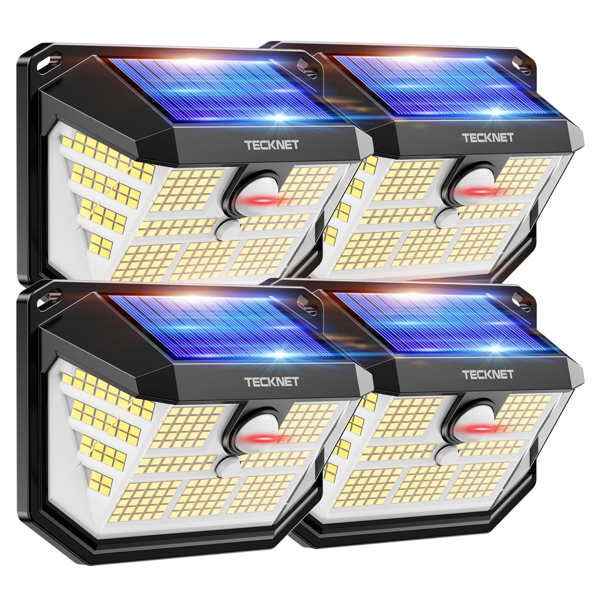 TECKNET Luz Solar Exterior, 231 LED/300° Iluminación (Ilumina 35㎡) Brillo Alto Luces Solares con Sensor de Movimiento, 3 Modes IP65 Impermeable Focos Led Solares para Jardín, Garaje, Patio, 4 Paquete