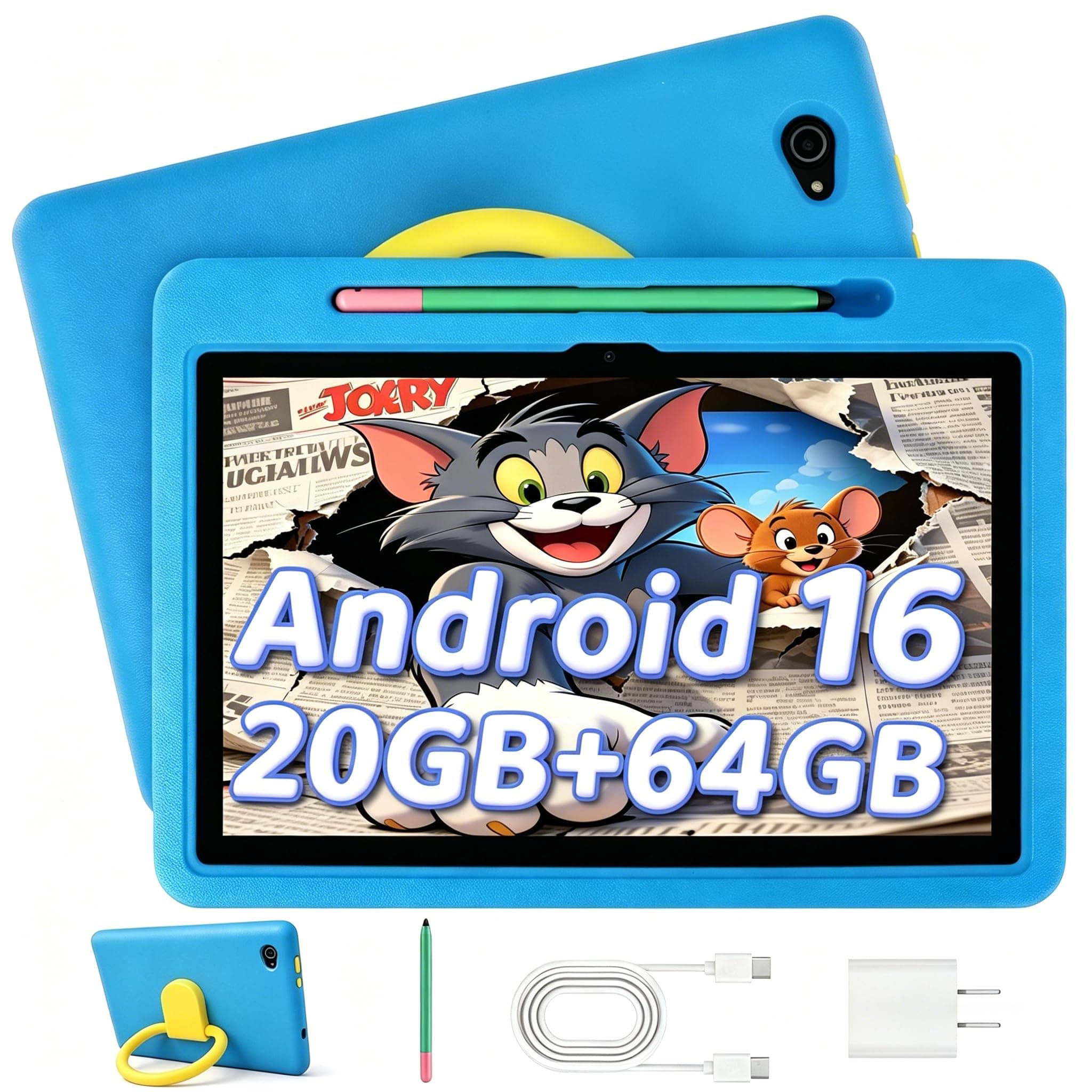 Laptok Tablet Bambini 10 Pollici Android 16 Tablet, 20GB 1TB TF, Controllo Parentale, 8MP Fotocamera, 6000mAh, WiFi 6/BT 5.3, Tablet con Custodia Protettiva - Blu
