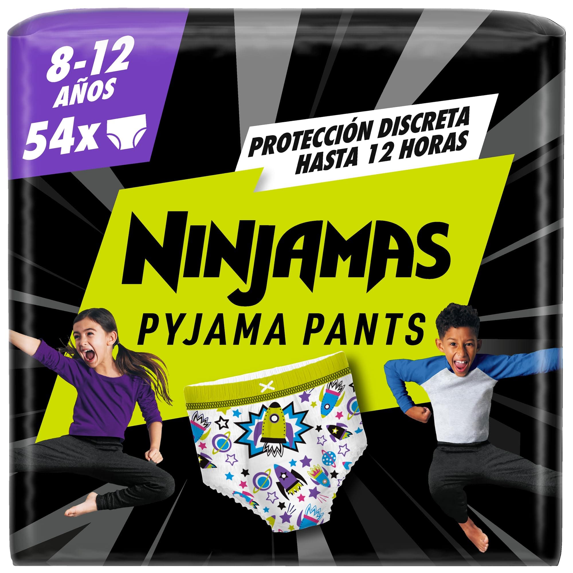 Dodot Pañal-Braguita Ninjamas, Talla 8-12 años (27-43 kg), 54 pañales tipo calzoncillo, pañal noche con Naves Espaciales, Protección Contra Fugas Toda La Noche