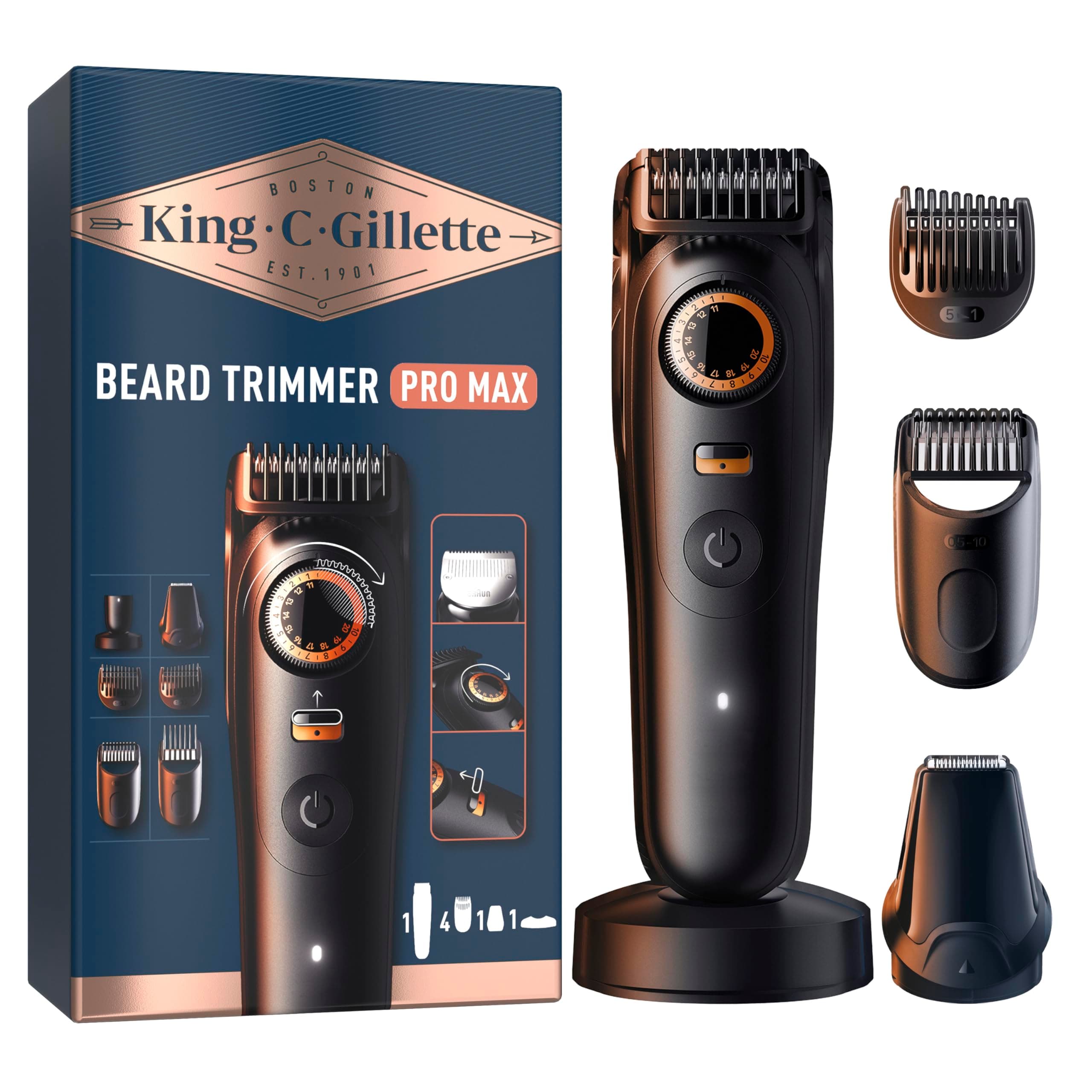 King C. Gillette Tondeuse Barbe Homme PRO MAX Sans Fil Avec 40 Réglages Et 4 Sabots Interchangeables De La Tondeuse Electrique, Coffret Homme Comprend 1 Base De Recharge Et 1 Pochette Zippée