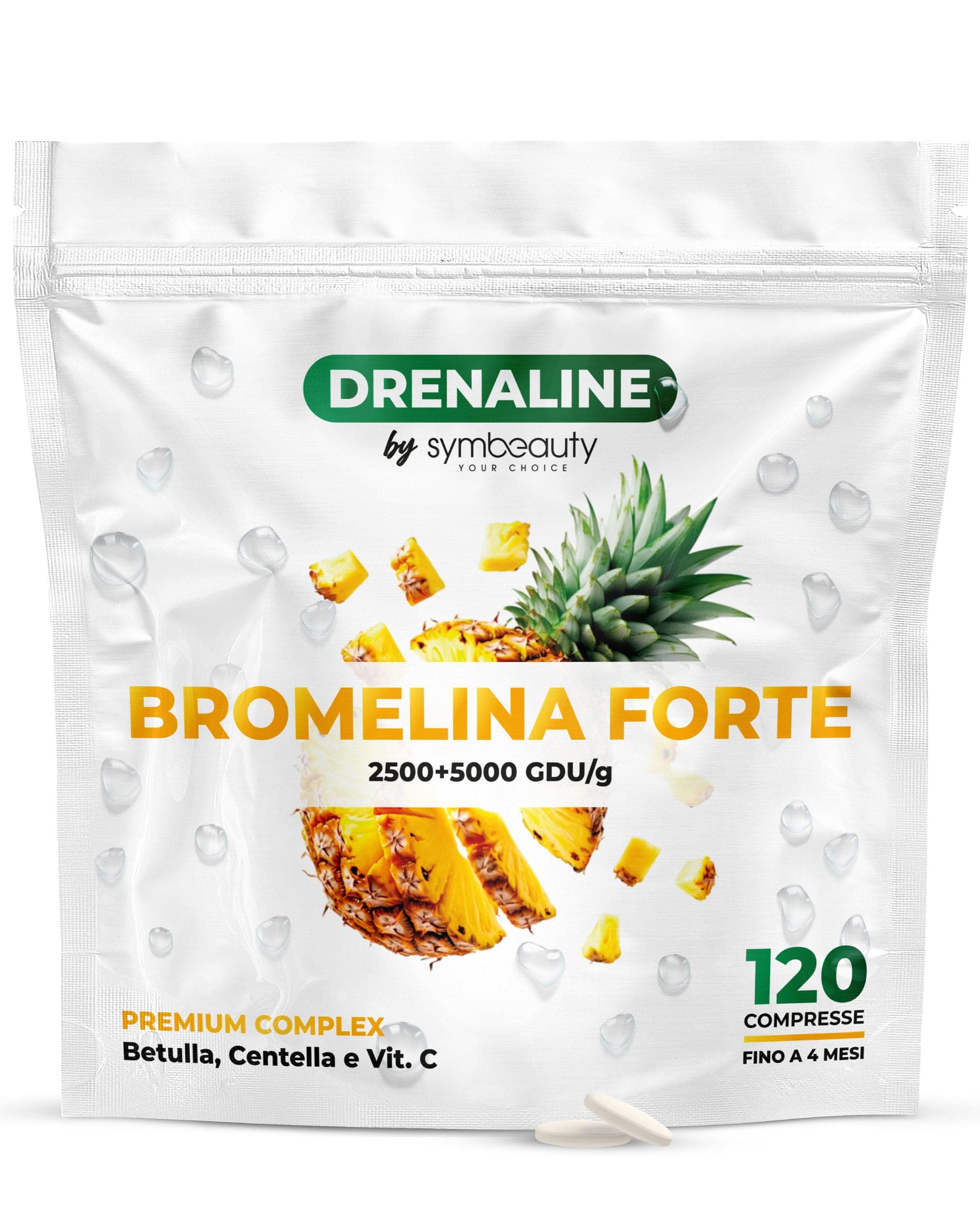 Symbeauty Bromelina Forte 120 Cpr (4 mesi) Drenaline 2500+5000 GDU | Betulla, Centella, Vitamina C | Vegano - Made in Italy (Drenaline 120 compresse)